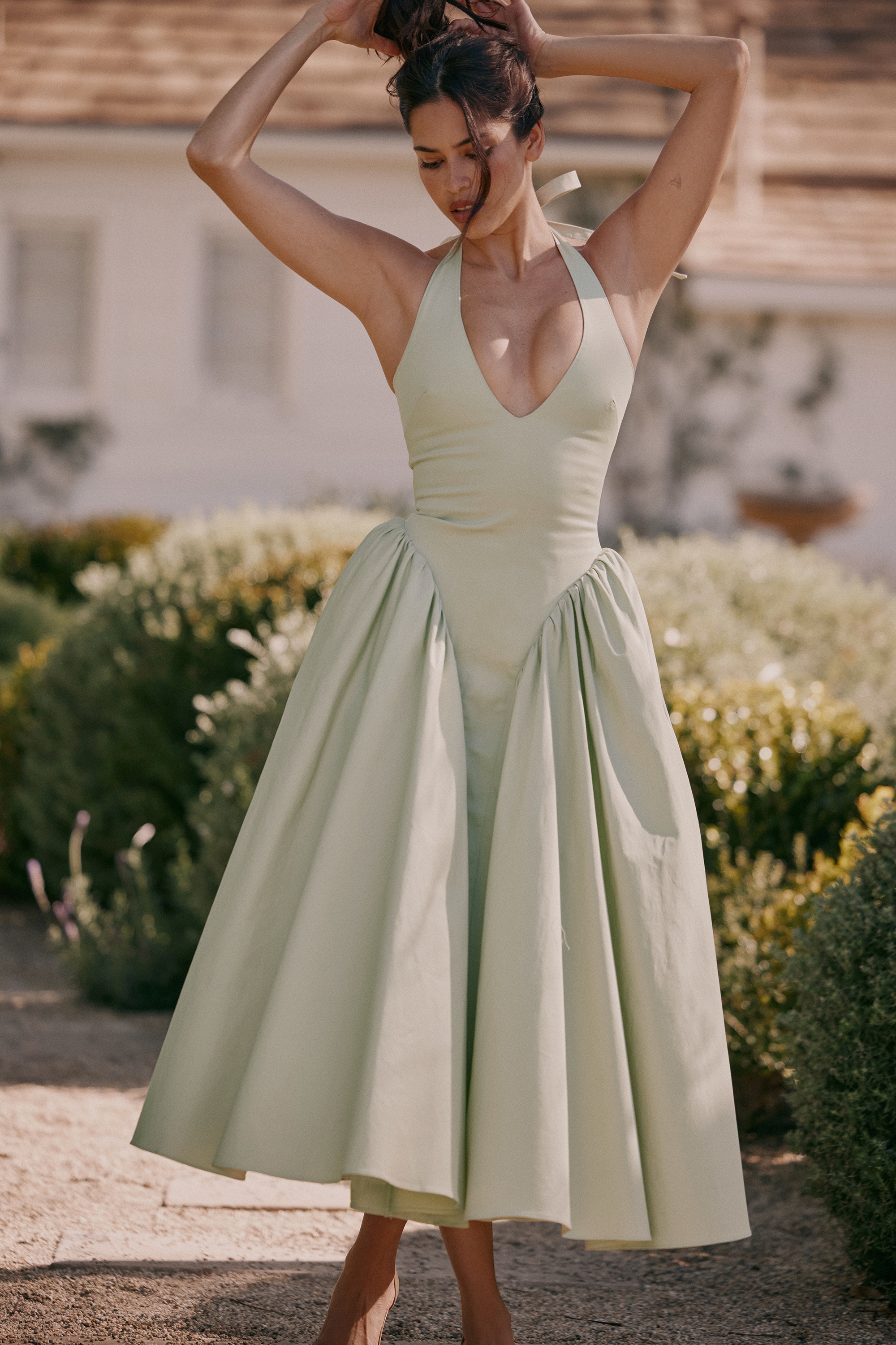 Marilyn-Pistachio Cotton Halter Midi Sundress