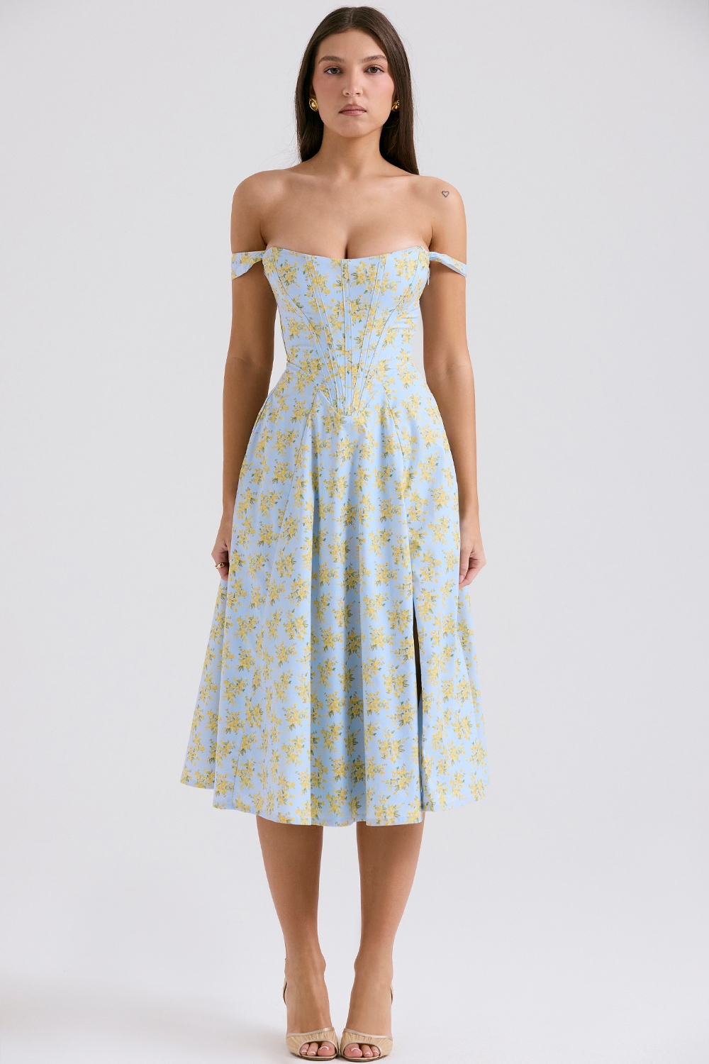 Saira-Soft Blue Vintage Floral Print Cotton Midi Sundress