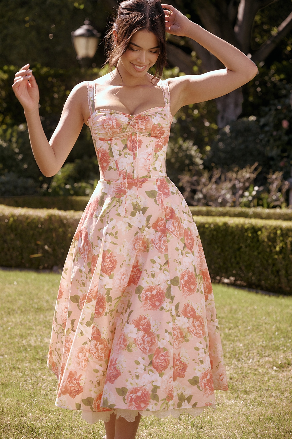 Rosalee-Pink Peony Print Cotton Bustier Sundress