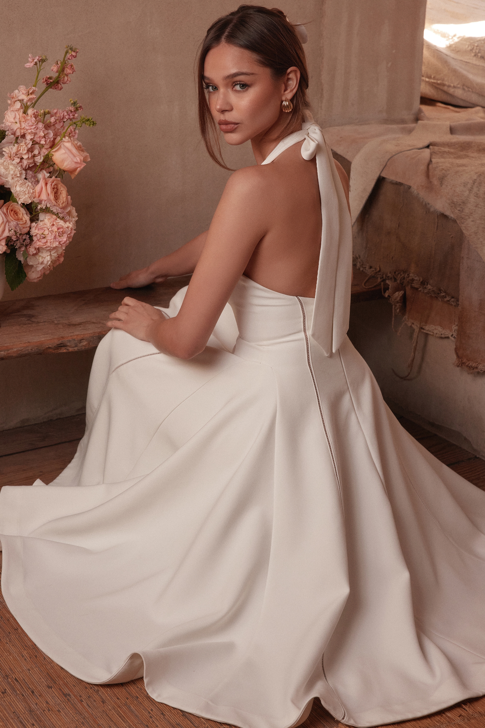 Loulou-Ivory Halter Neck Midi Dress