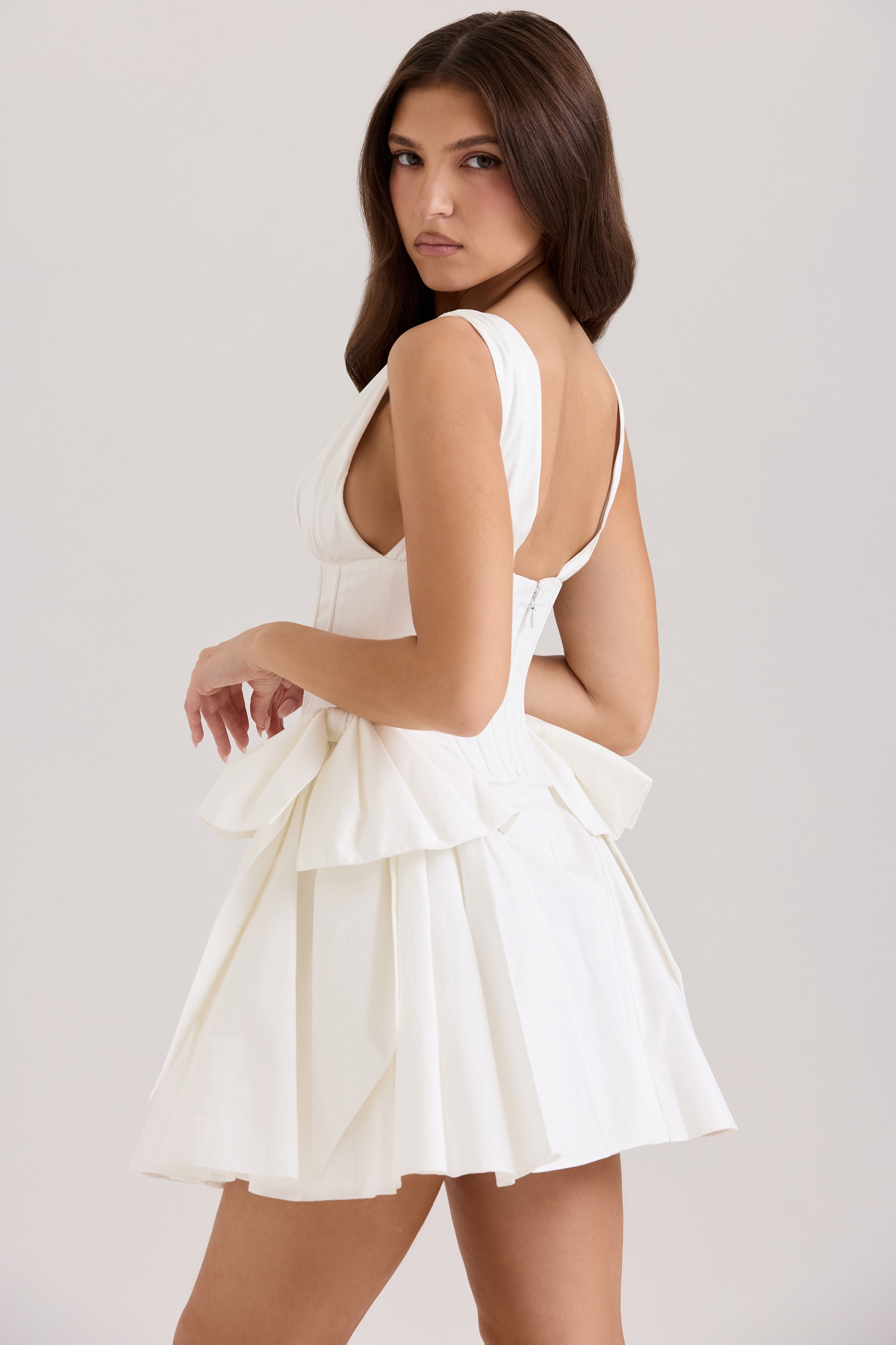 Amalia-White Stretch Cotton Bow Mini Dress