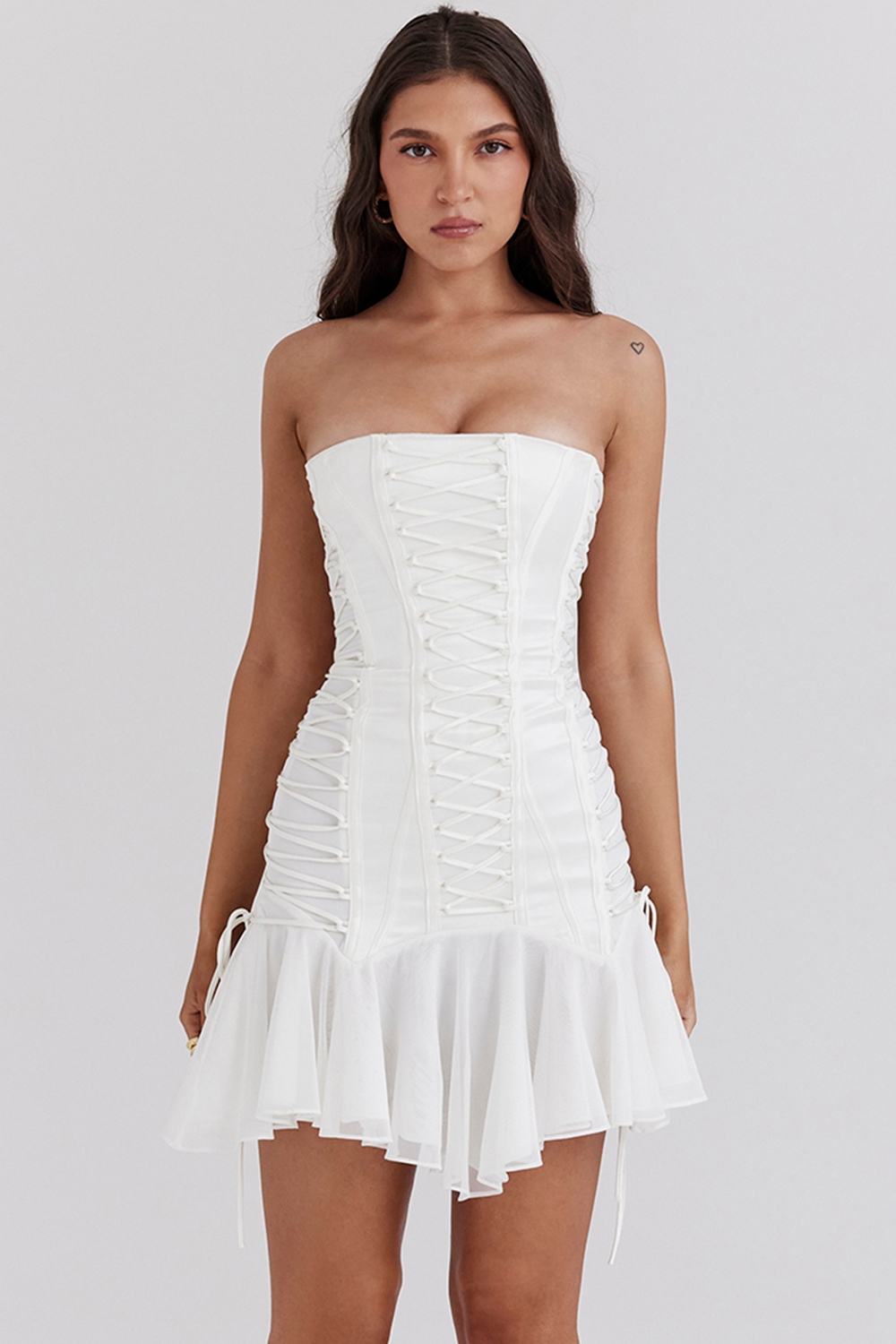 Sirena-White Strapless Lace Up Mini Dress