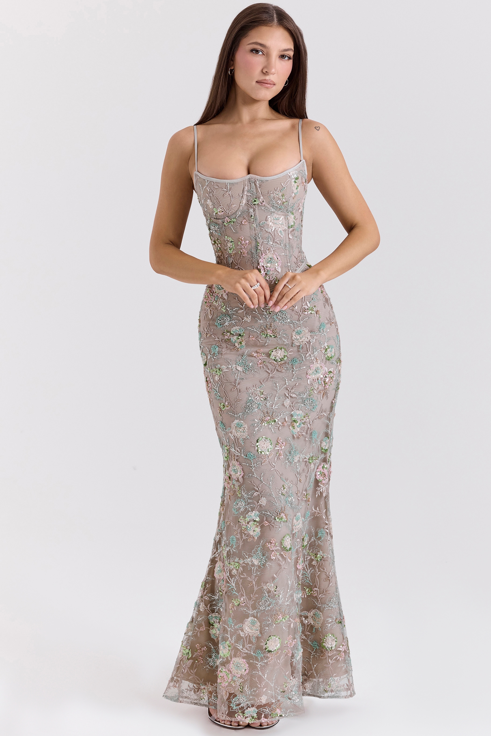 Naima-Silver Embellished Beaded Corset Maxi Dress