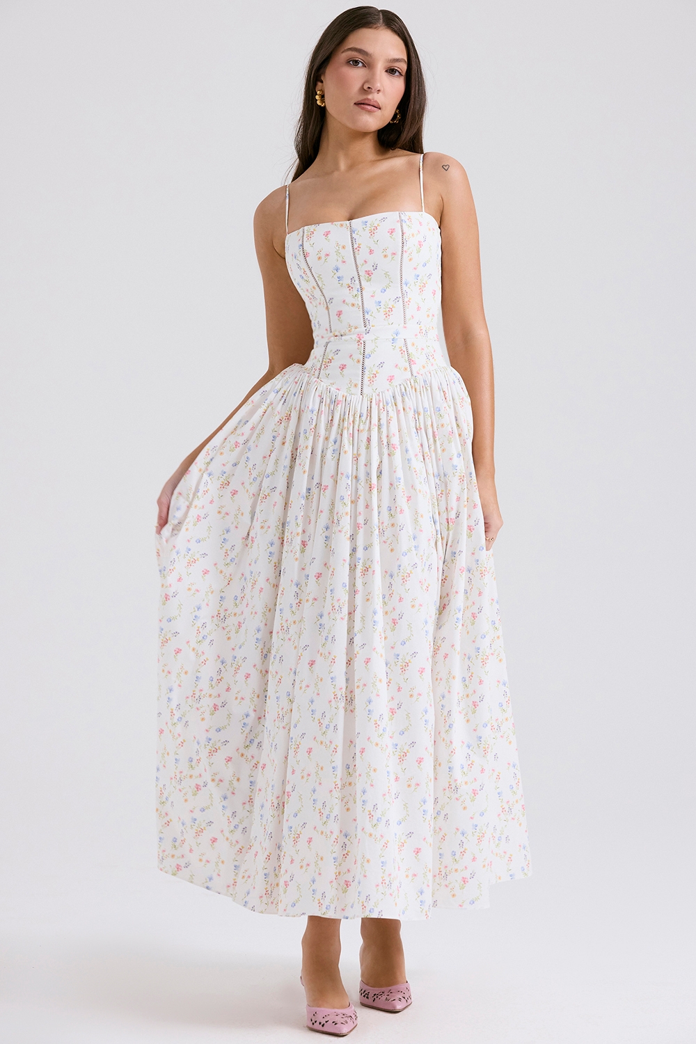 Ysabella-White Posy Print Cotton Maxi Sundress