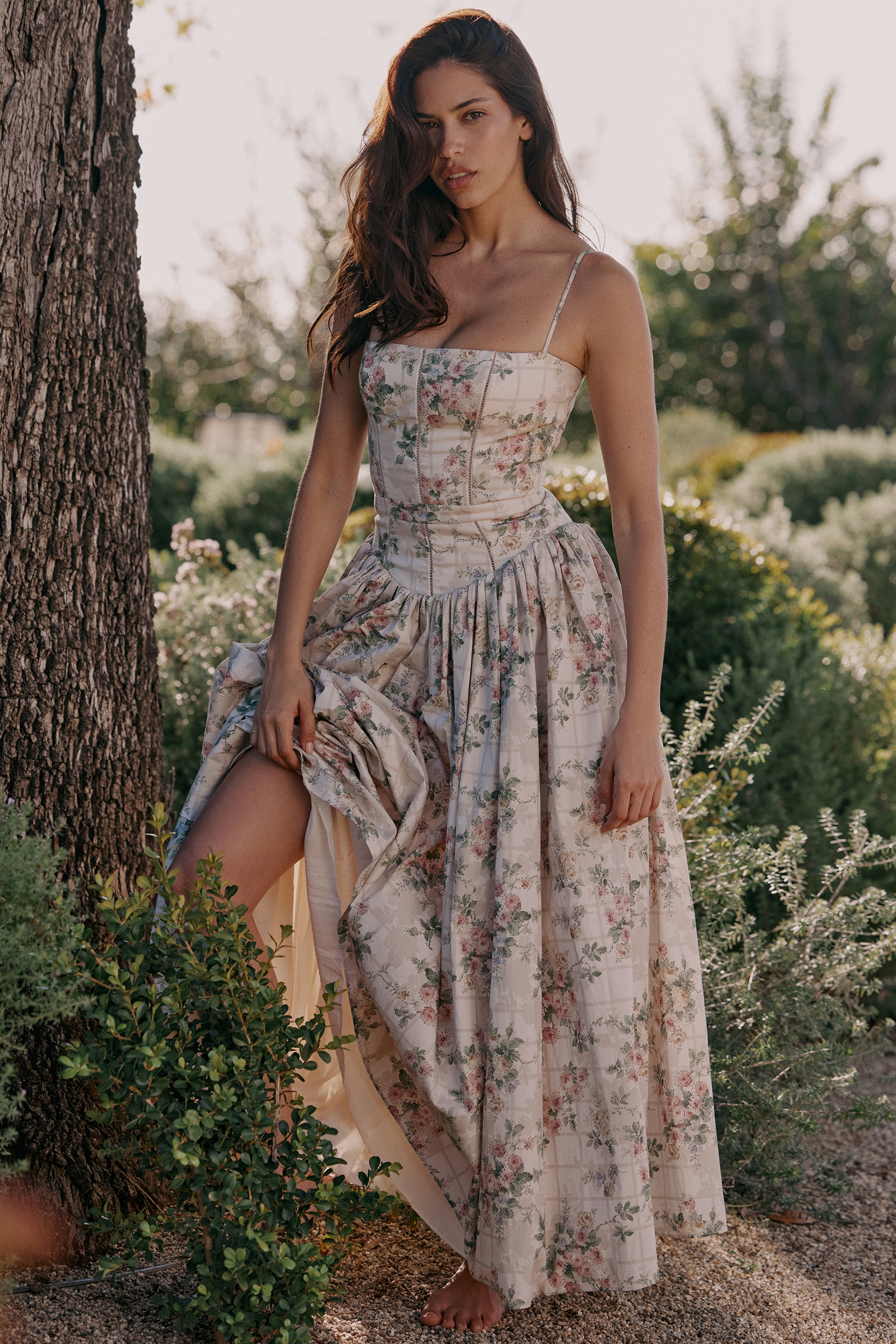 Ysabella-Cream Floral Print Cotton Midi Sundress