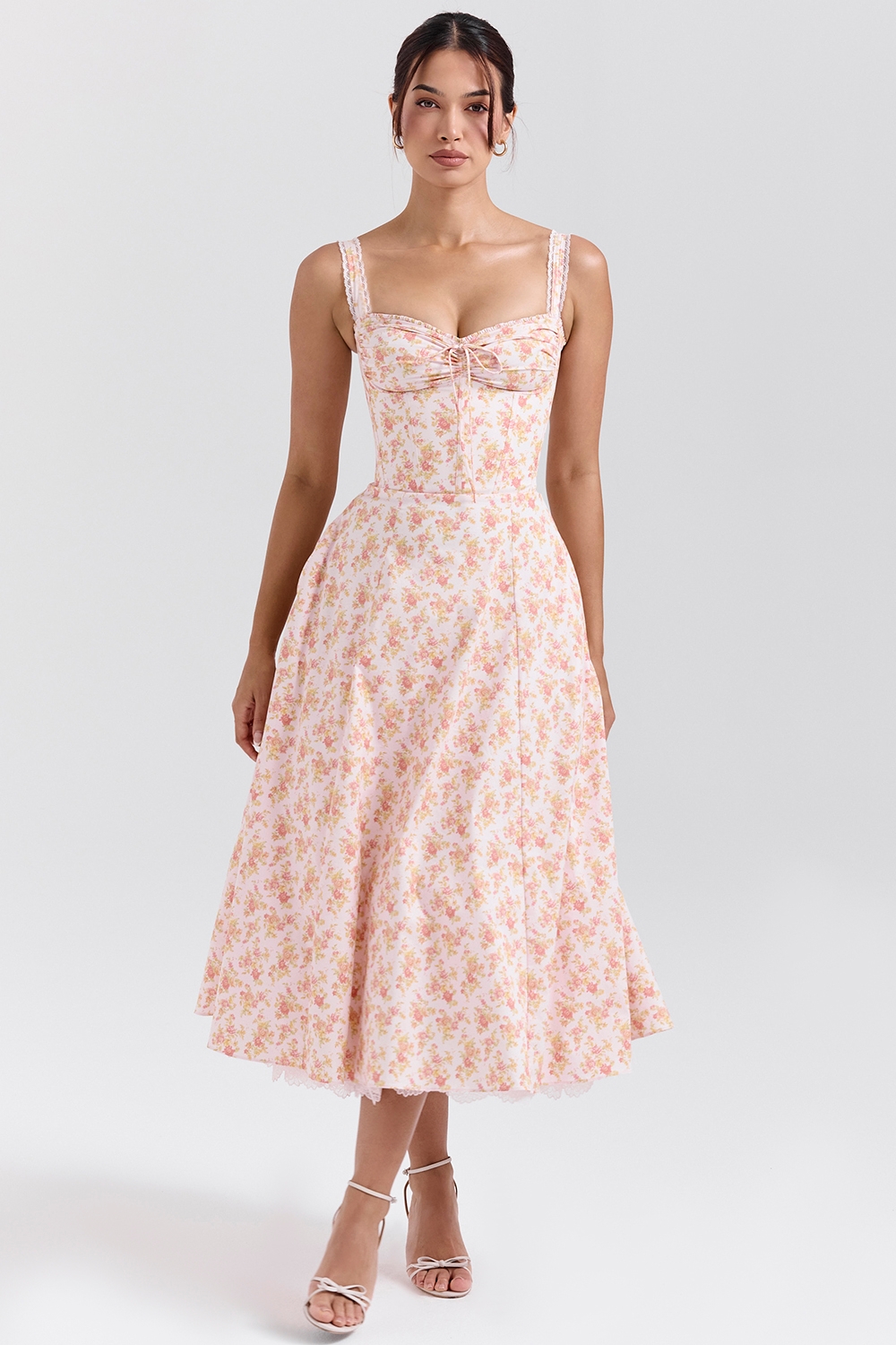 Rosalee-Peach Poppy Print Cotton Bustier Sundress