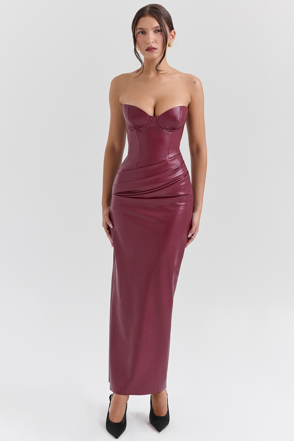 Juliana-Cabernet Vegan Leather Midi Dress