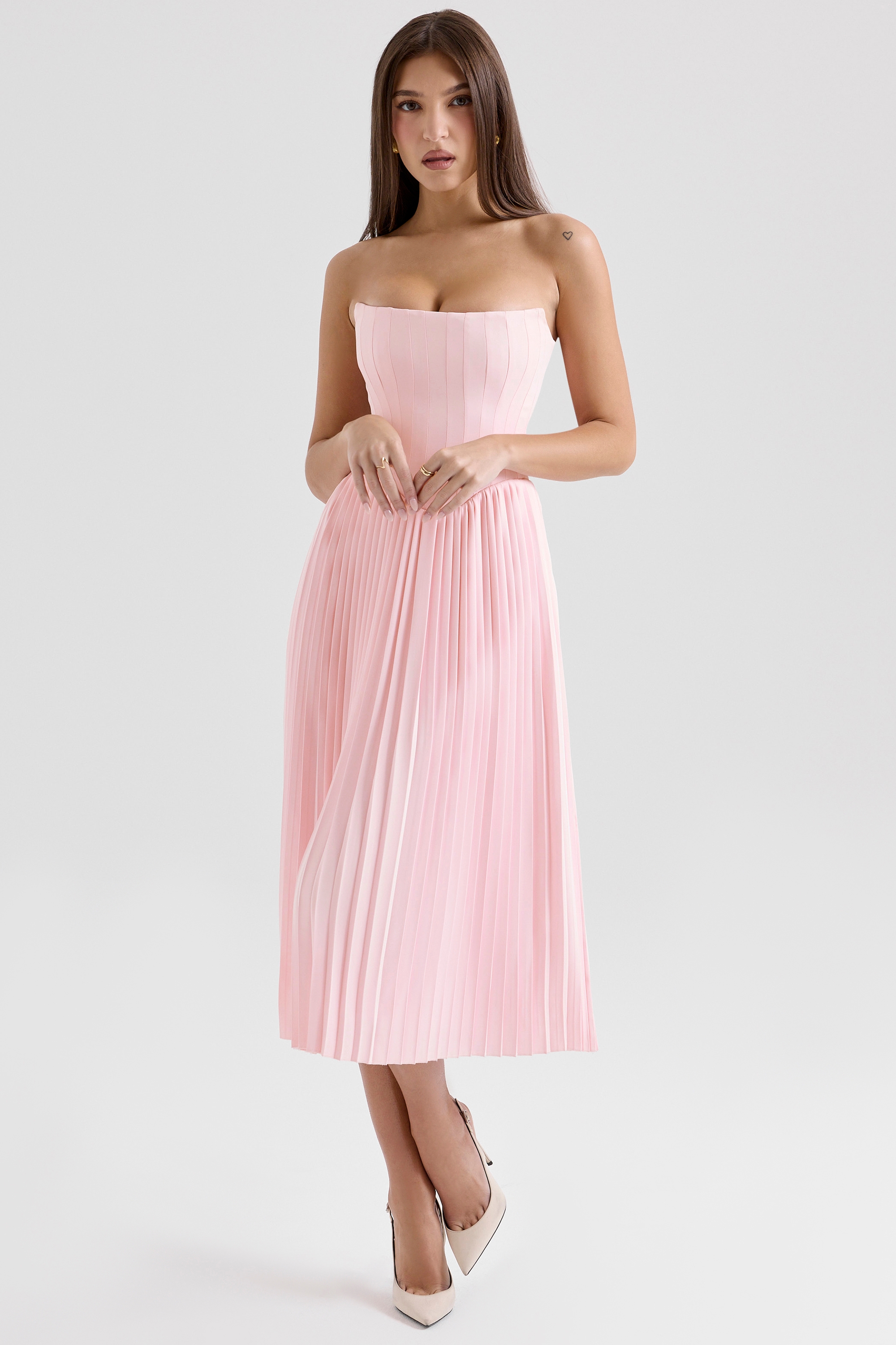 Marci-Pink Pleated Midi Corset Dress