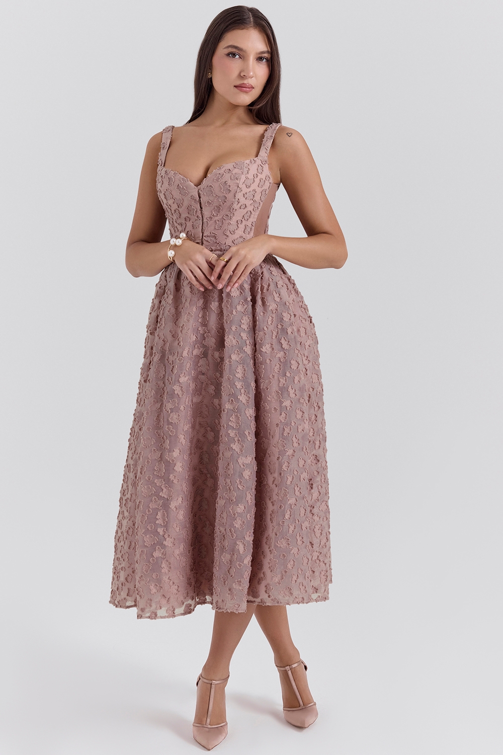Lovely-French Rose Jacquard Sweetheart Neckline Midi Dress - SALE