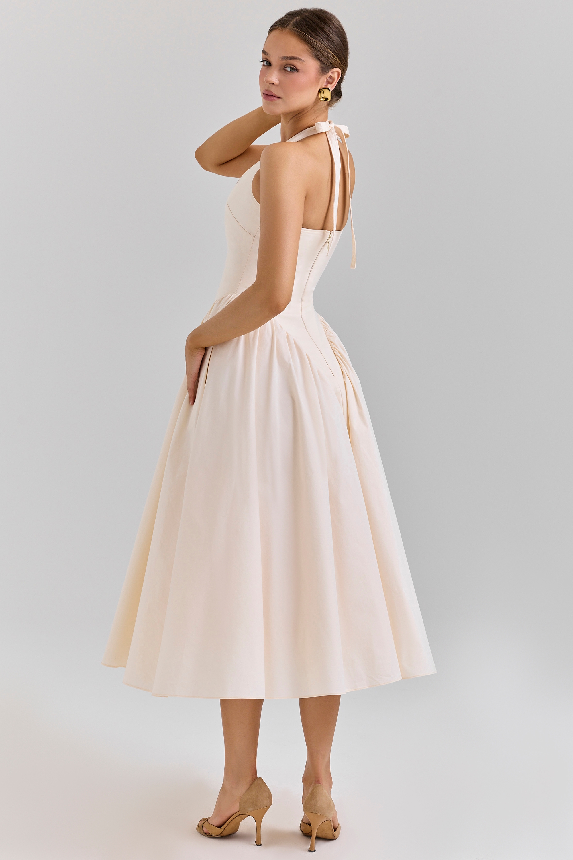 Marilyn-Ecru Stretch Cotton Midi Sundress