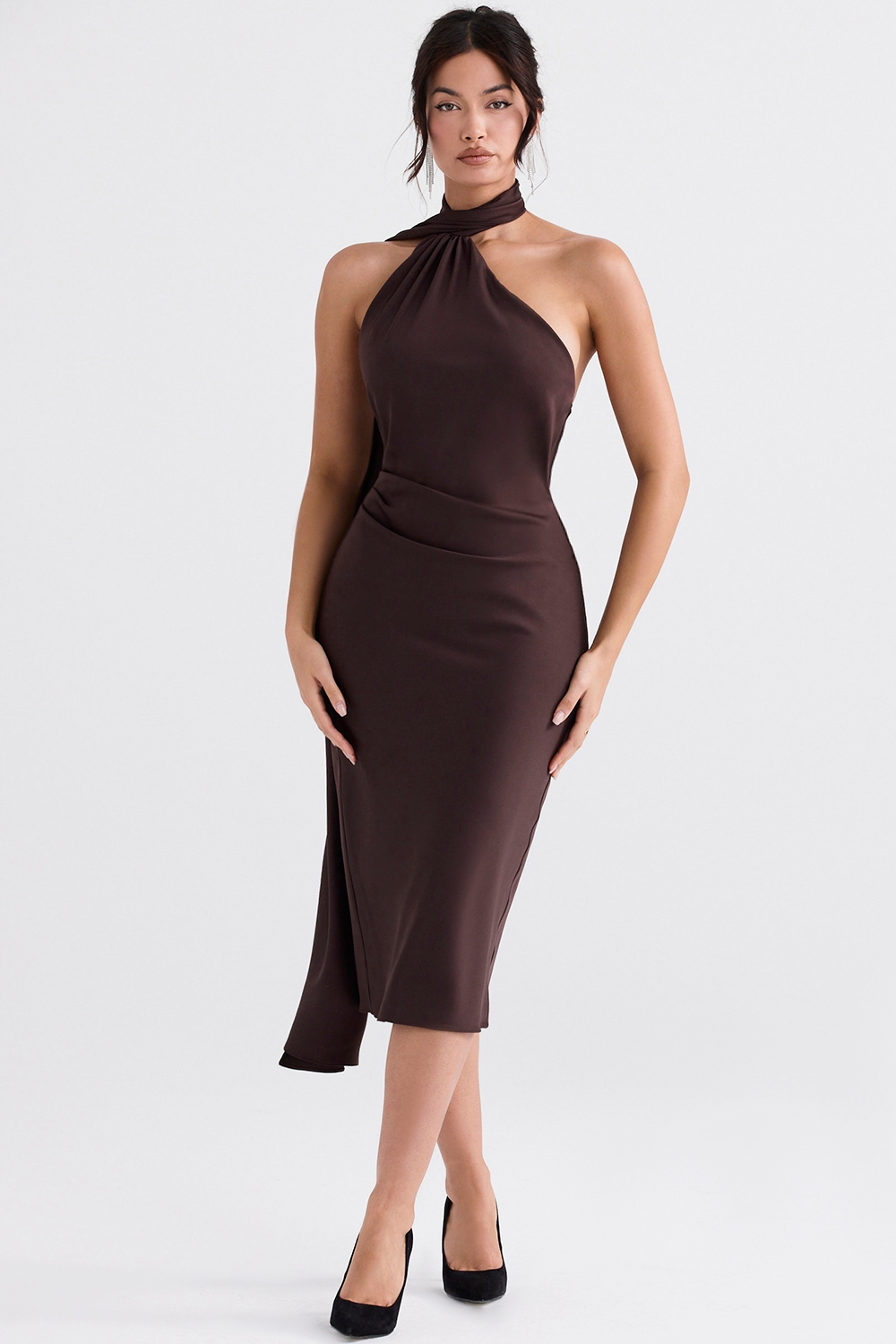 Angelina-Chocolate Wrap Neck Midi Dress