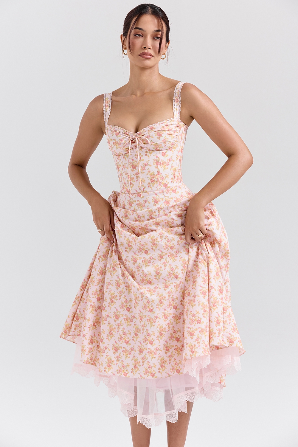 Rosalee-Peach Poppy Print Cotton Bustier Sundress