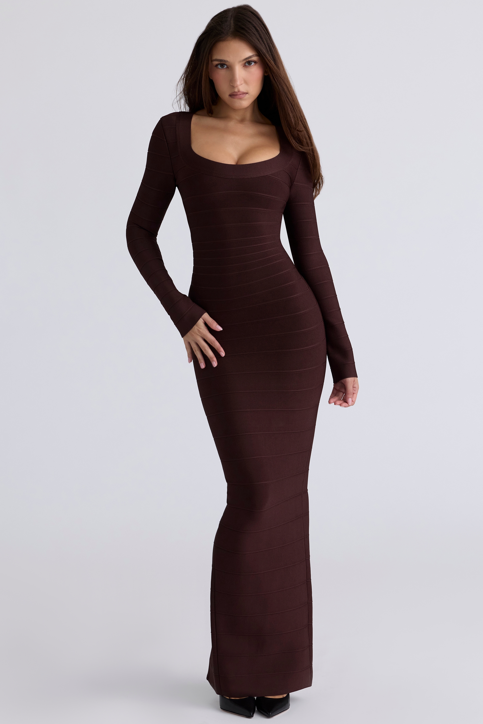 The OG-Chocolat Long Sleeve Stretch Bandage Maxi Dress