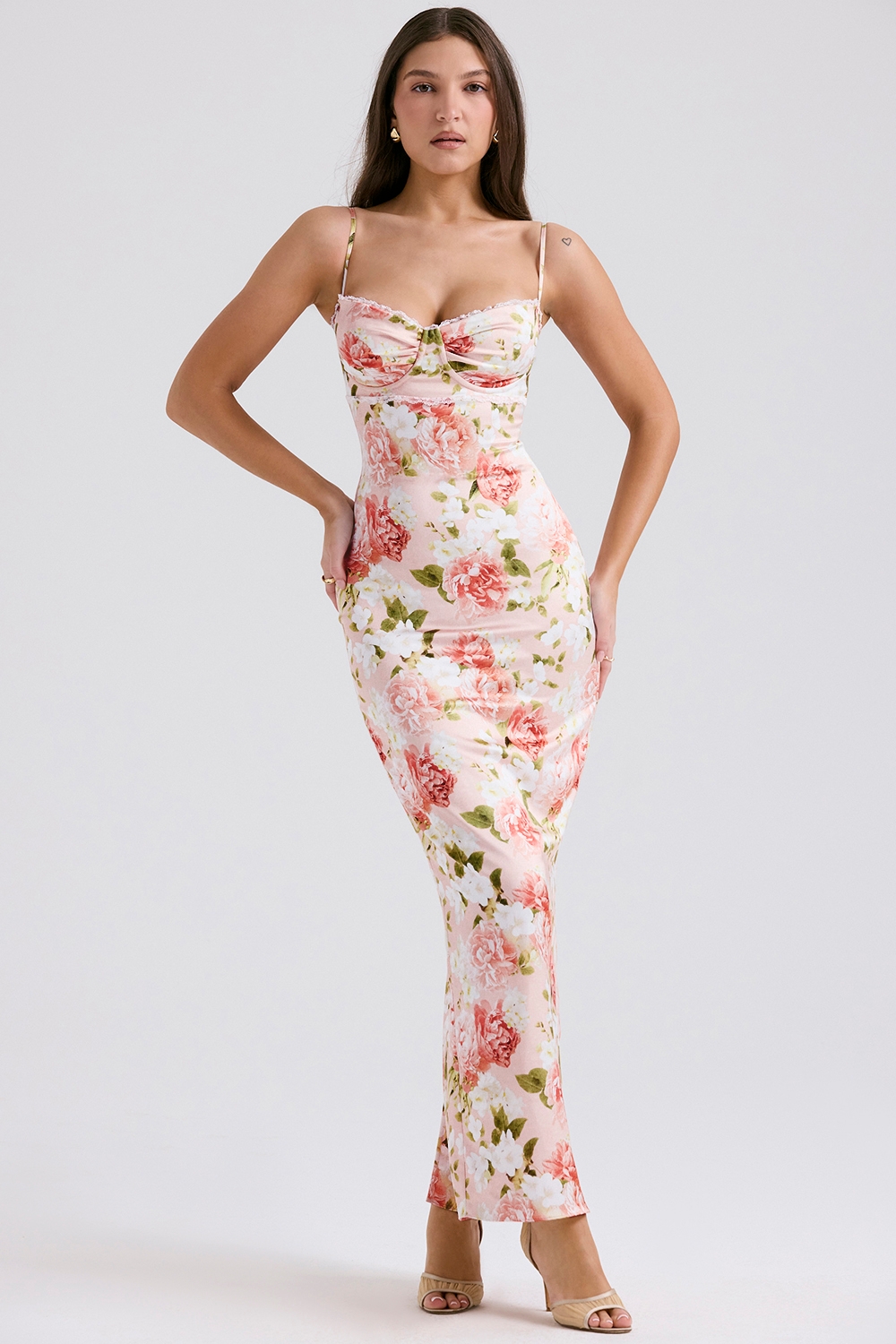 Josefina-Pink Peony Print Satin Maxi Dress