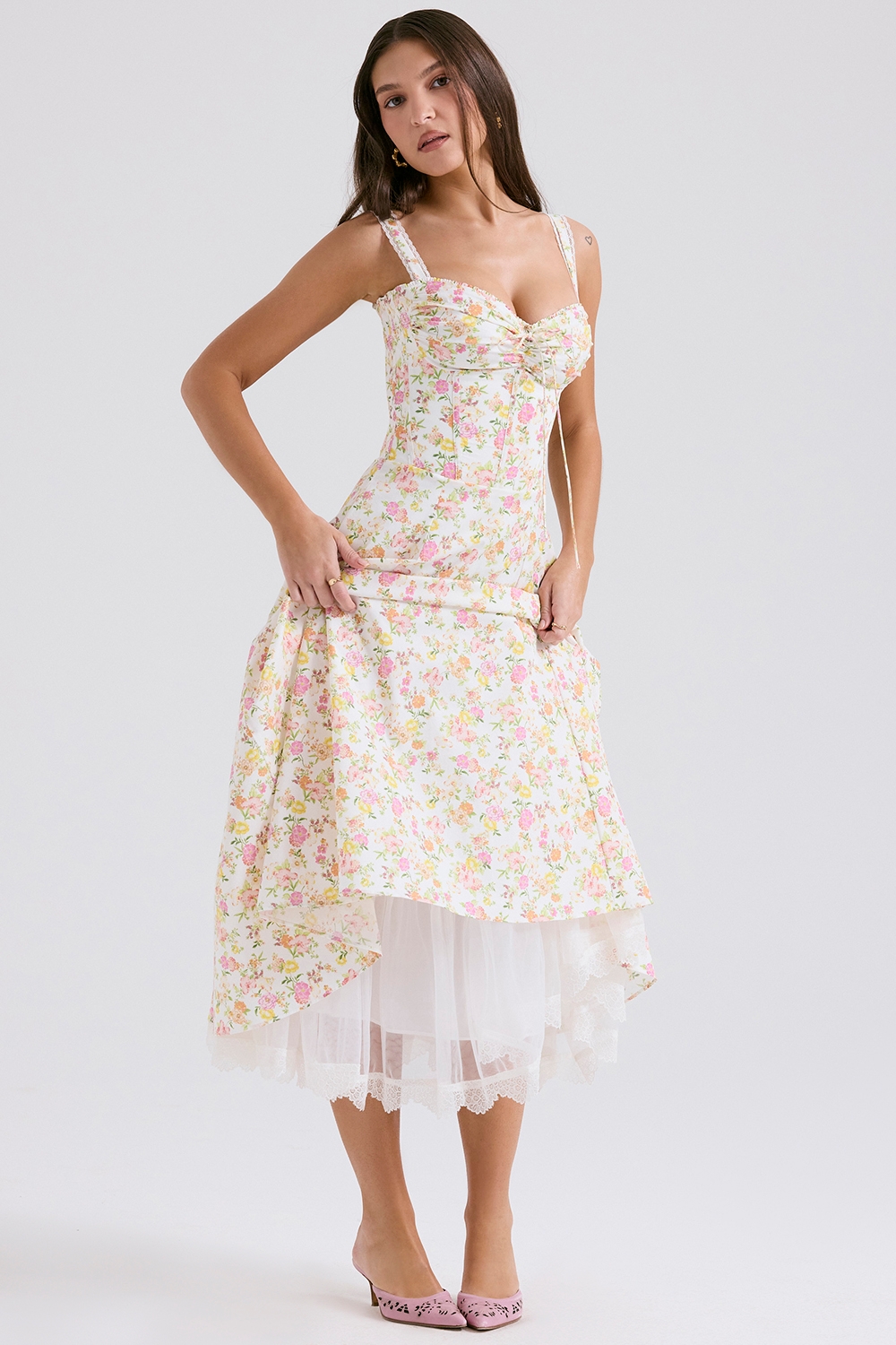 Rosalee-Ivory Meadow Print Cotton Bustier Sundress