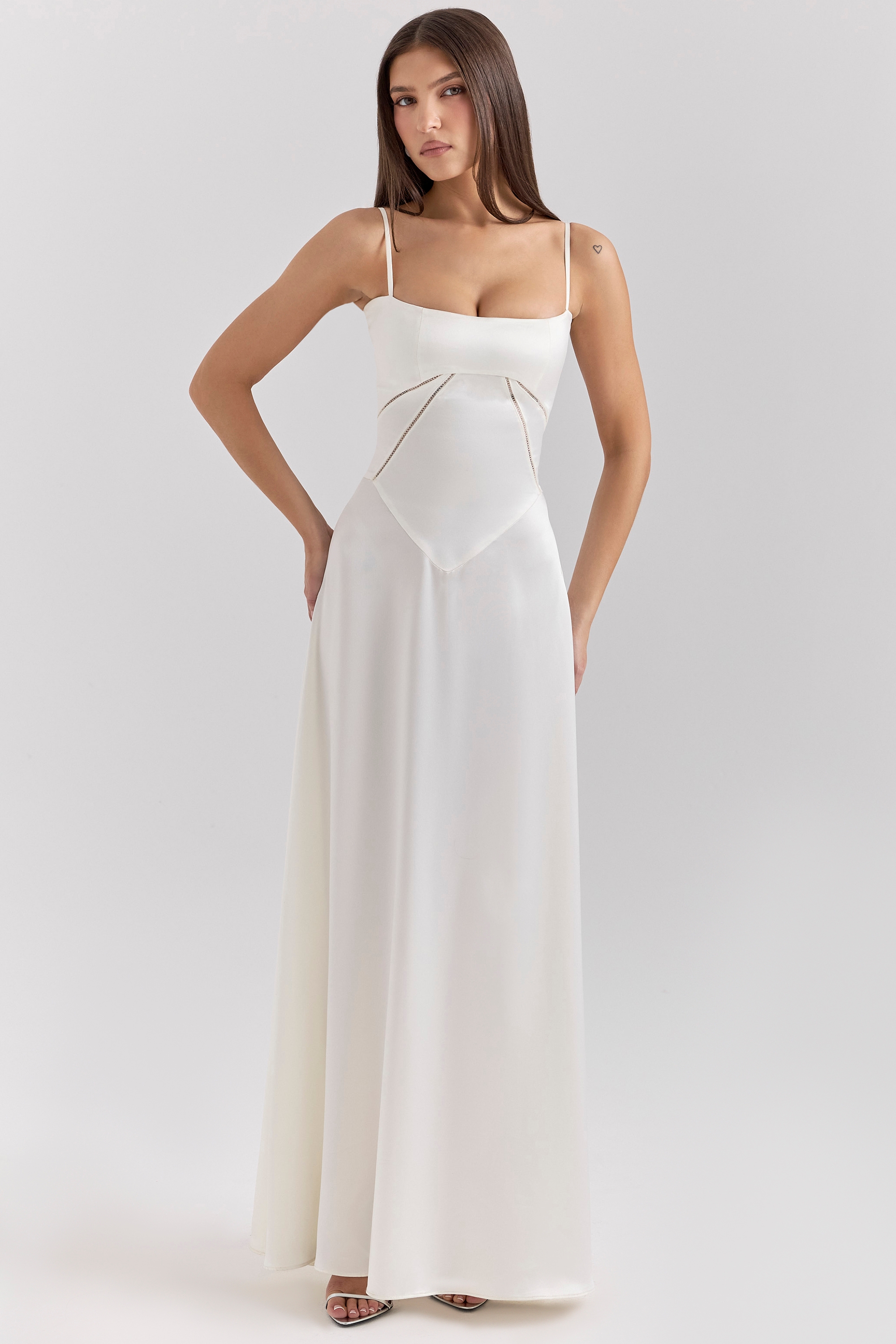 Anabella-Ivory Satin Lace Up Maxi Dress