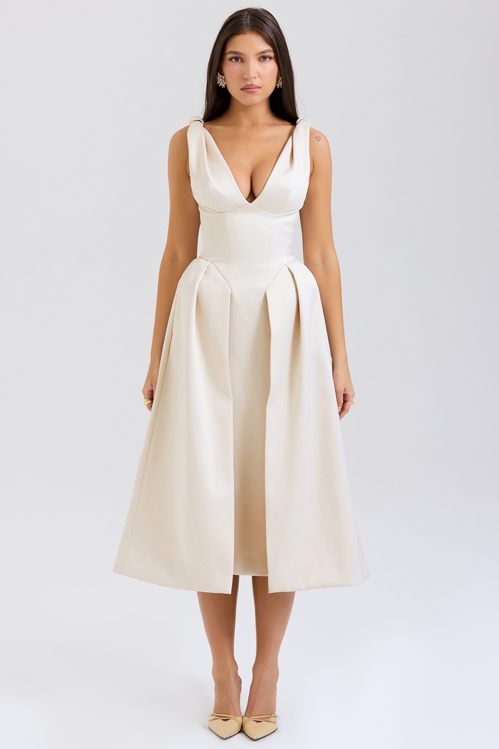 Paloma-Vintage Cream Satin Pleated Midi Dress - SALE