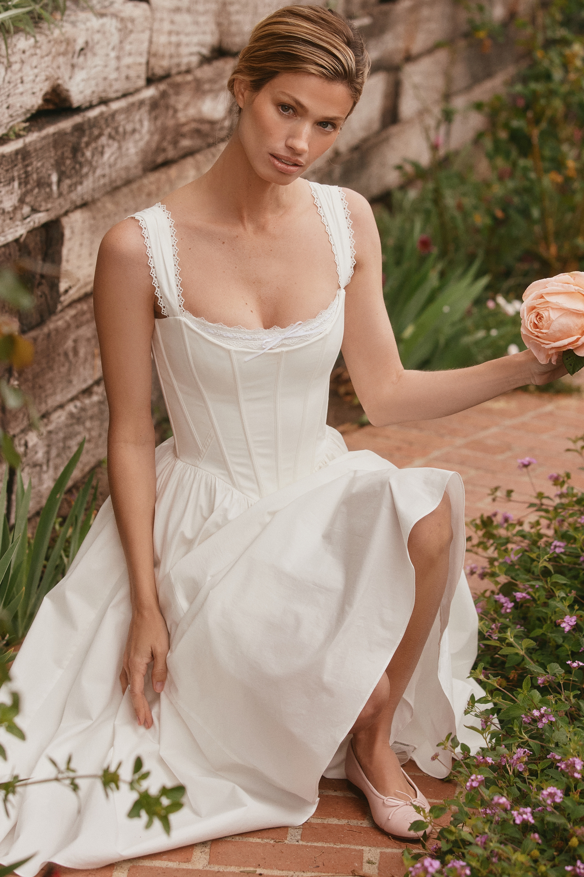 Amara-White Stretch Cotton Corset Midi Dress