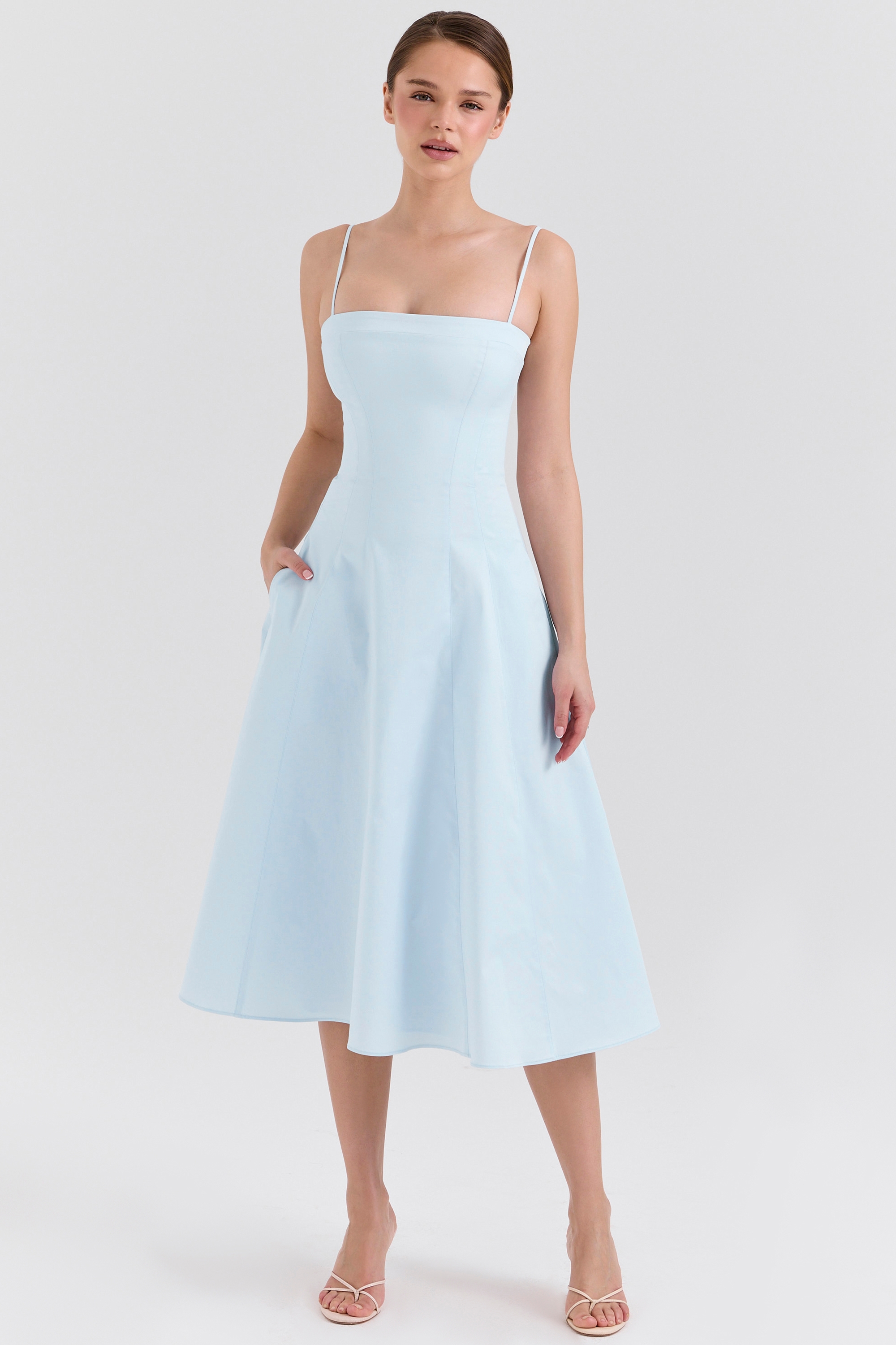 Dolly-Soft Blue Stretch Cotton A-Line Midi Sundress