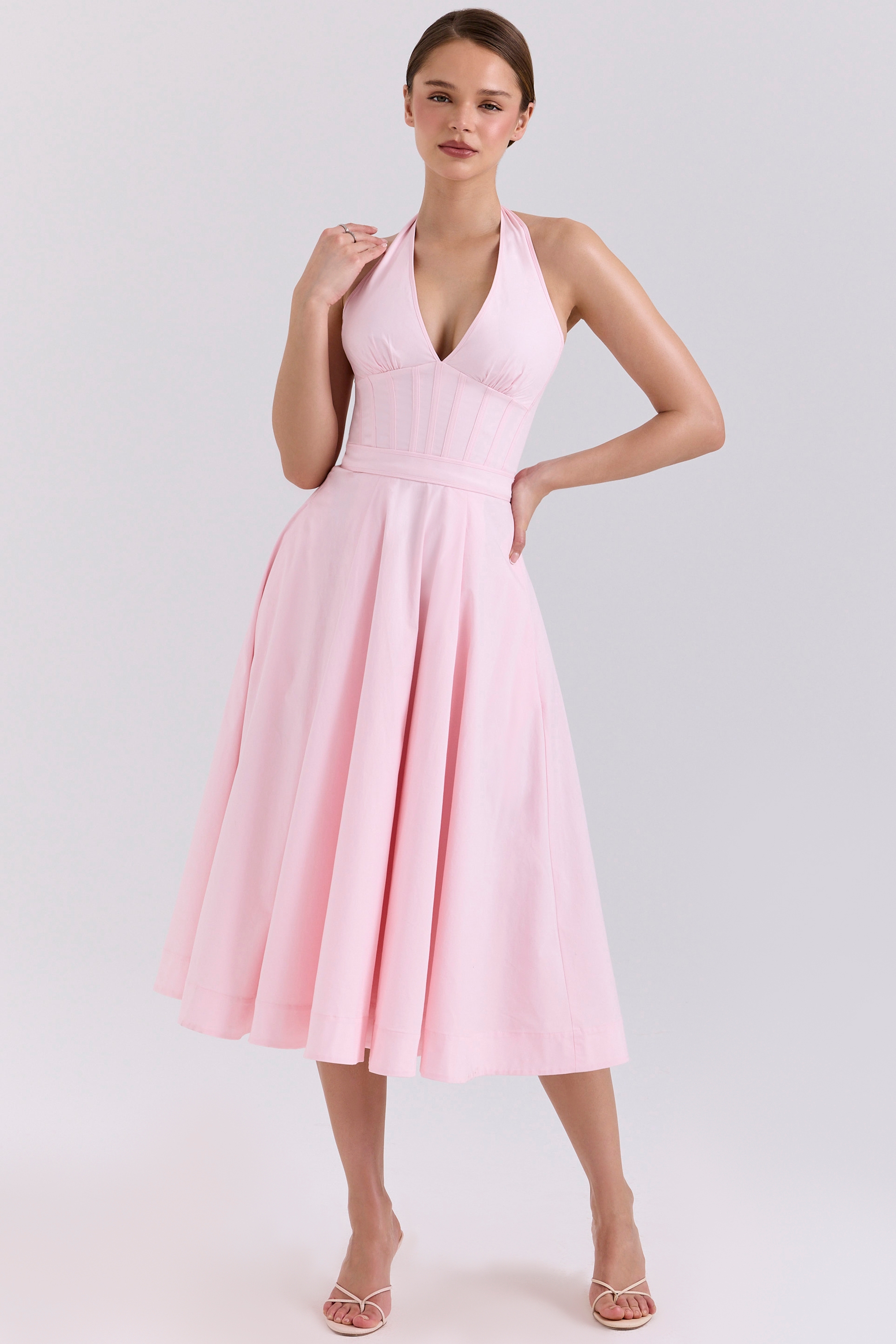 Allena-Pink Stretch Cotton Halter Midi Sundress
