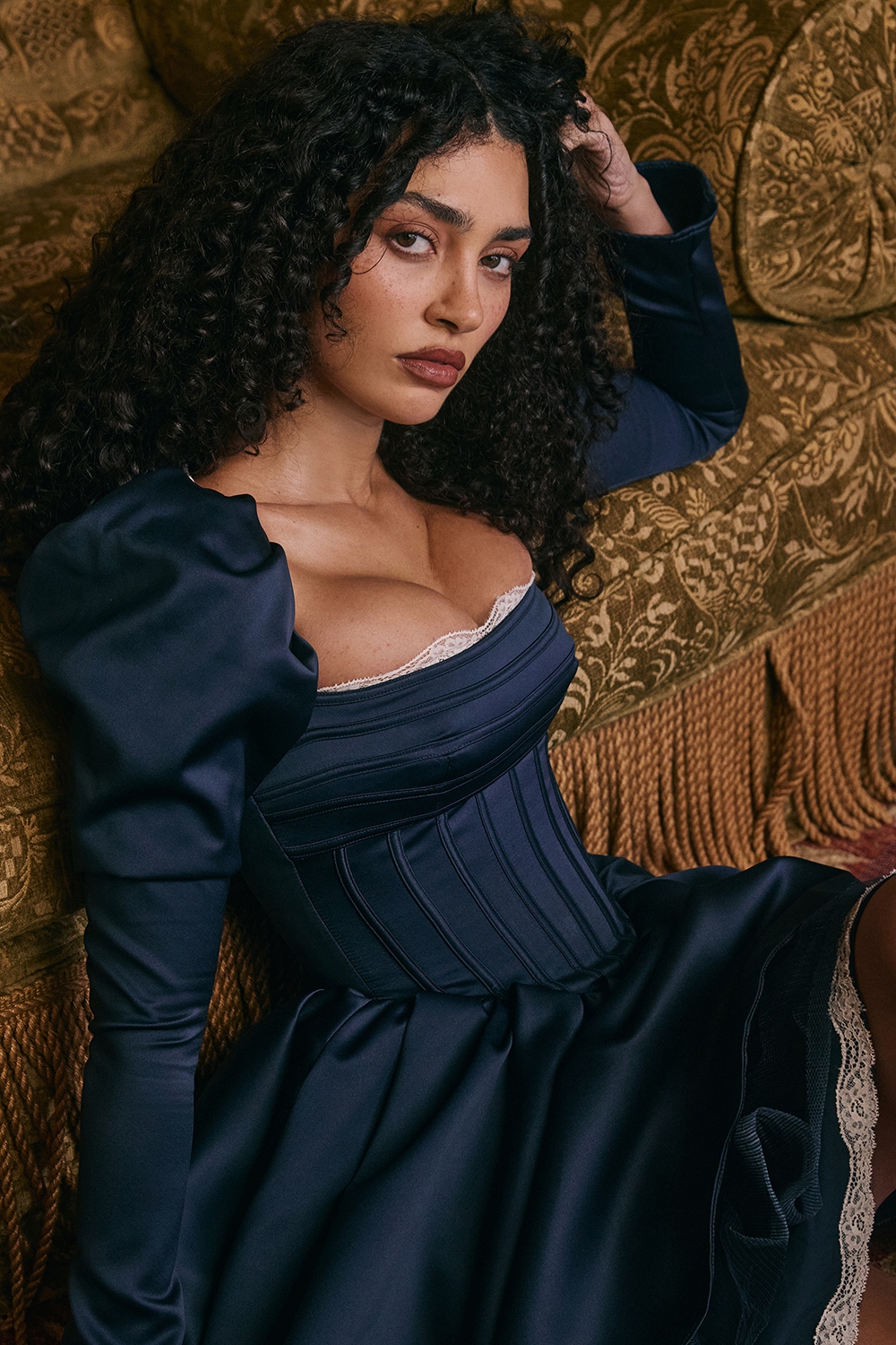 Venetia-Midnight Satin Puff Sleeve Mini Dress - SALE