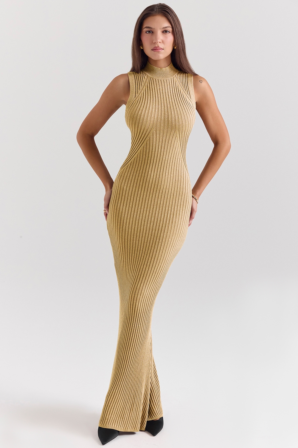 Emmie-Gold Metallic Ribbed Maxi Dress