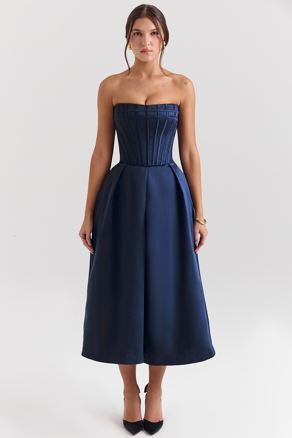 Bellina-Midnight Blue Strapless Detachable Bow Midi Dress