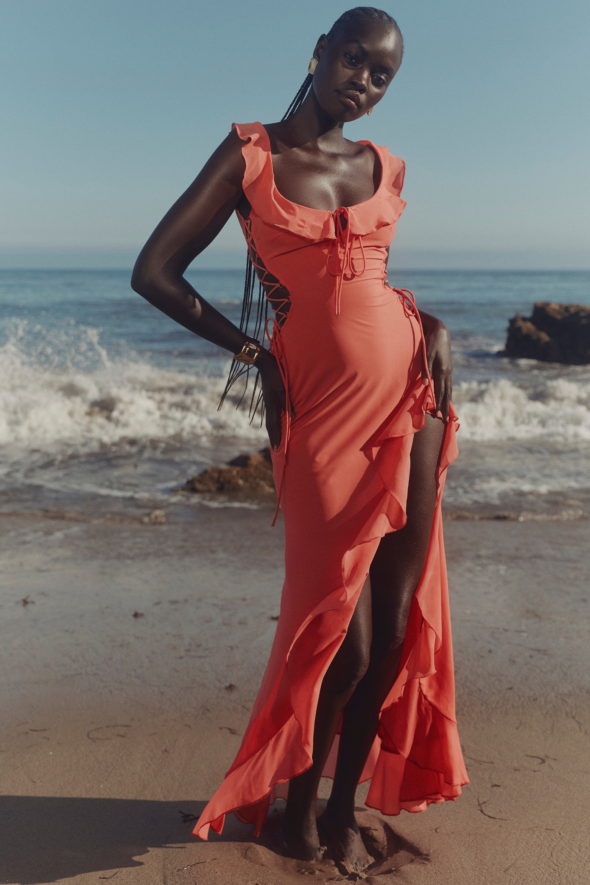 Aloura-Coral Georgette Ruffle Maxi Dress