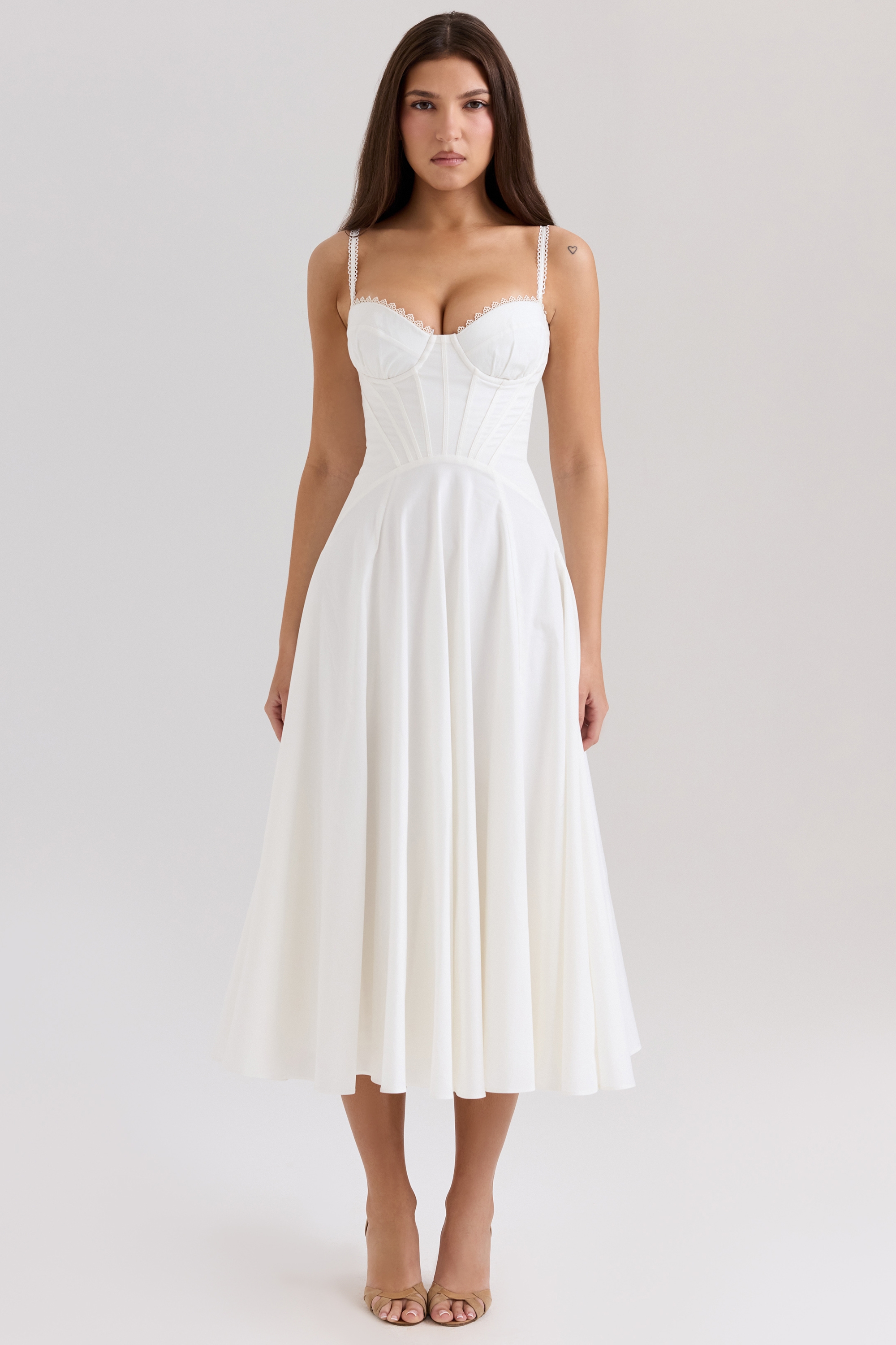 Steffani-White Stretch Cotton Midi Sundress