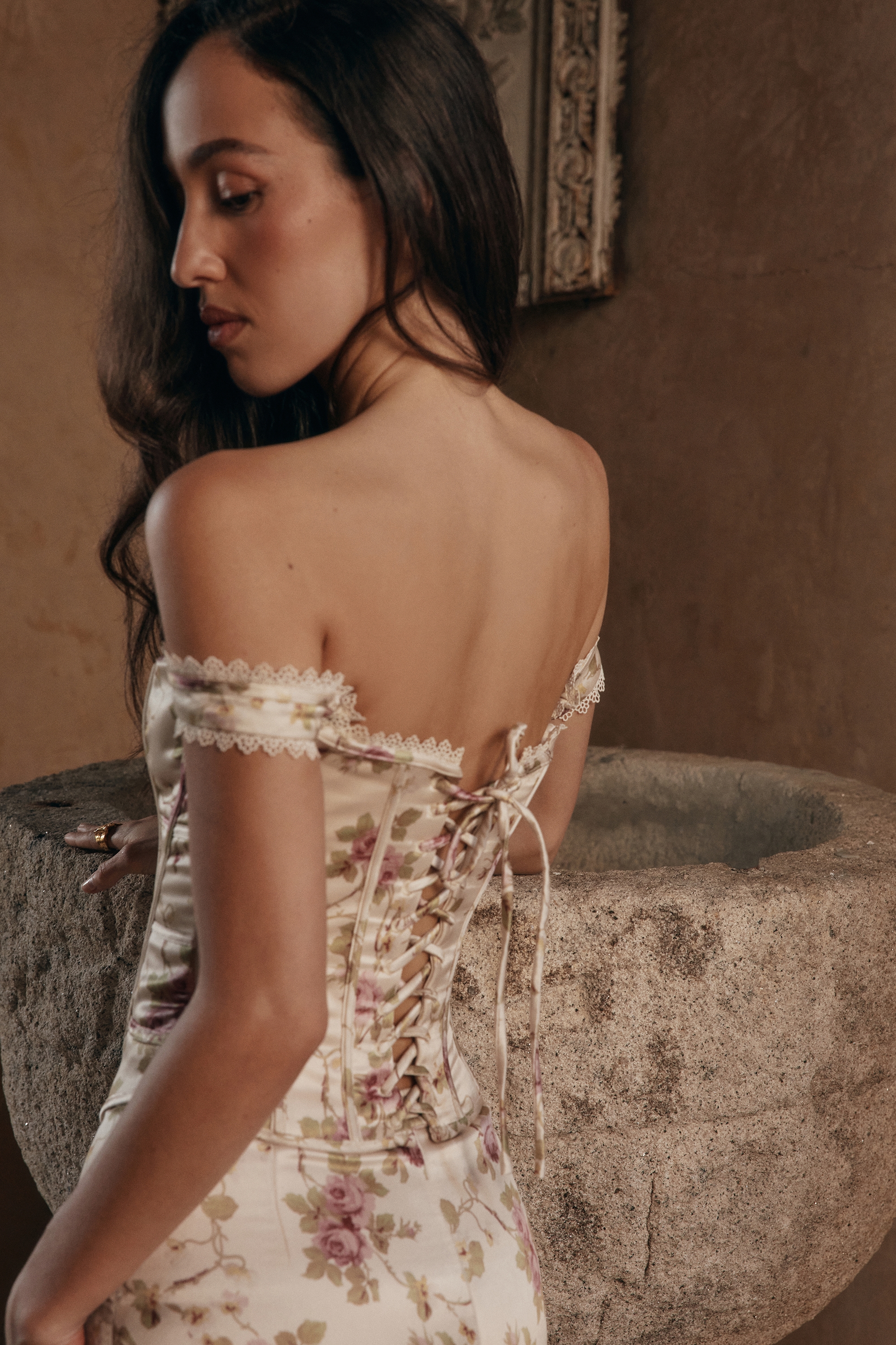 Isis-Vintage Cream Floral Print Corset Maxi Dress