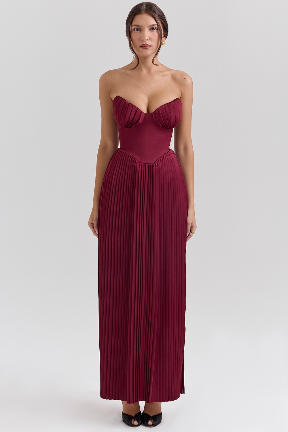 Marcella-Berry Pleated Satin Maxi Dress