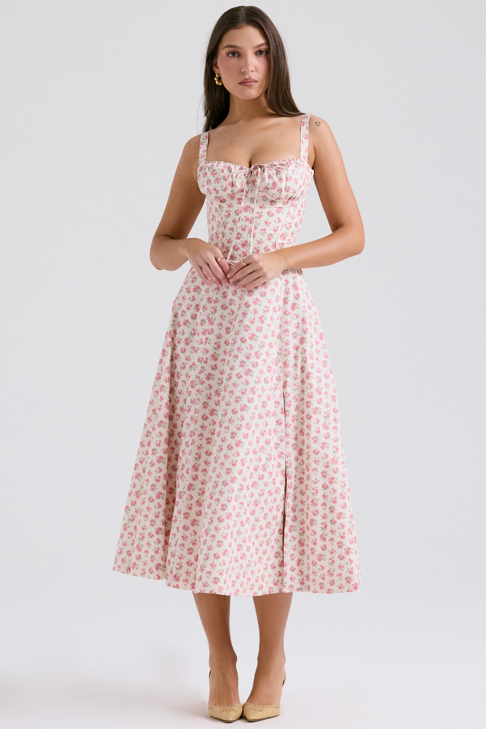 Carmen-White Rosebud Print Cotton Bustier Sundress