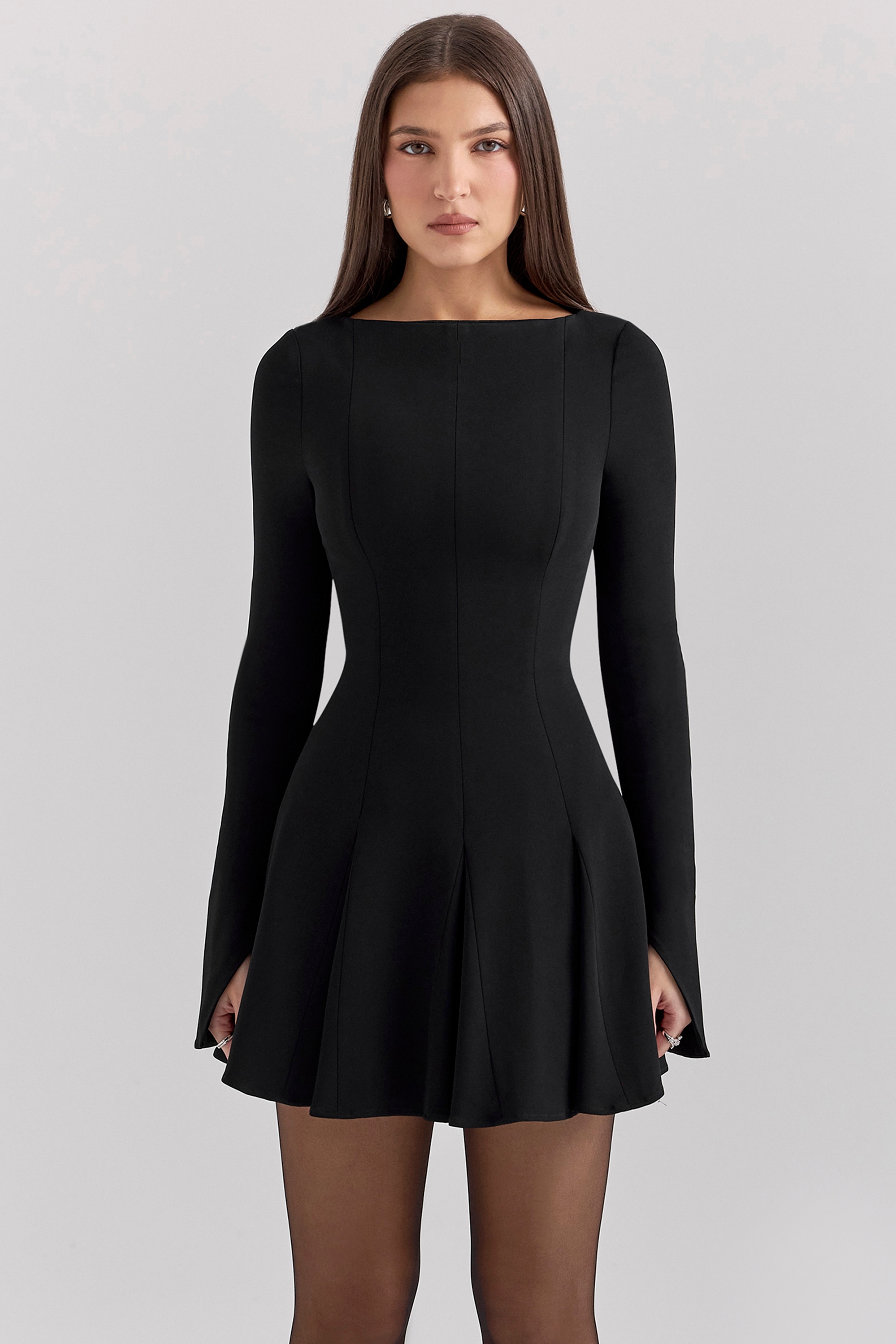 Francesca-Black Stretch Crepe Godet Mini Dress