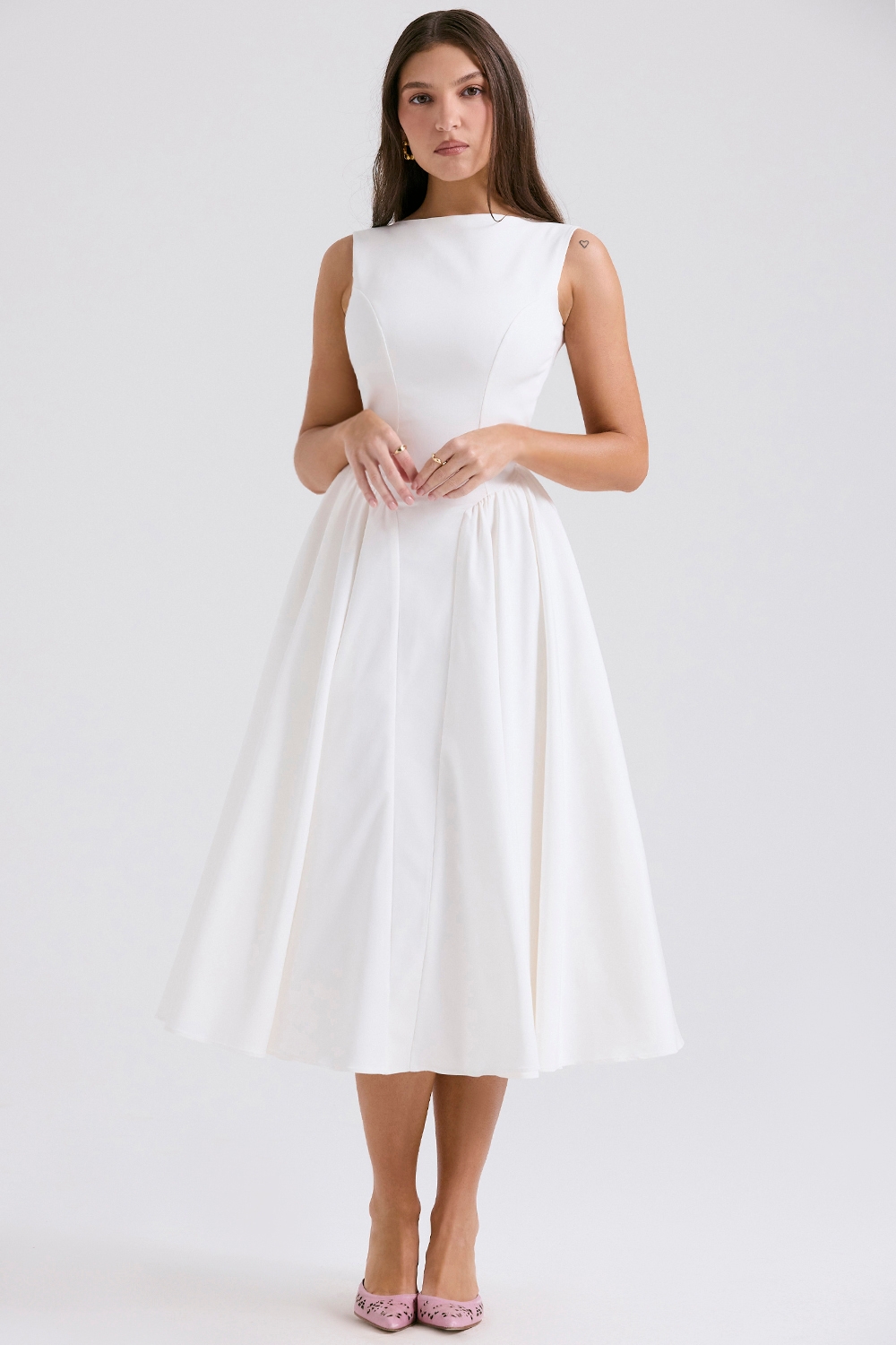 Cindy-White Twill Midi Sundress