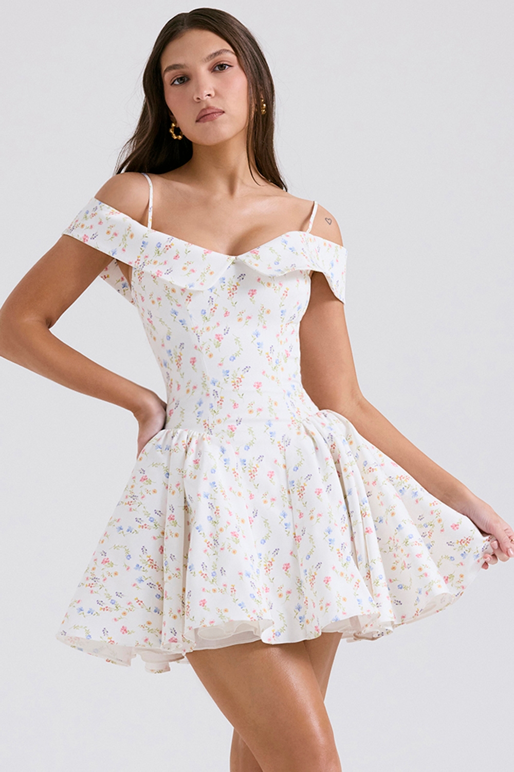 Elida-White Posy Print Corset Mini Dress
