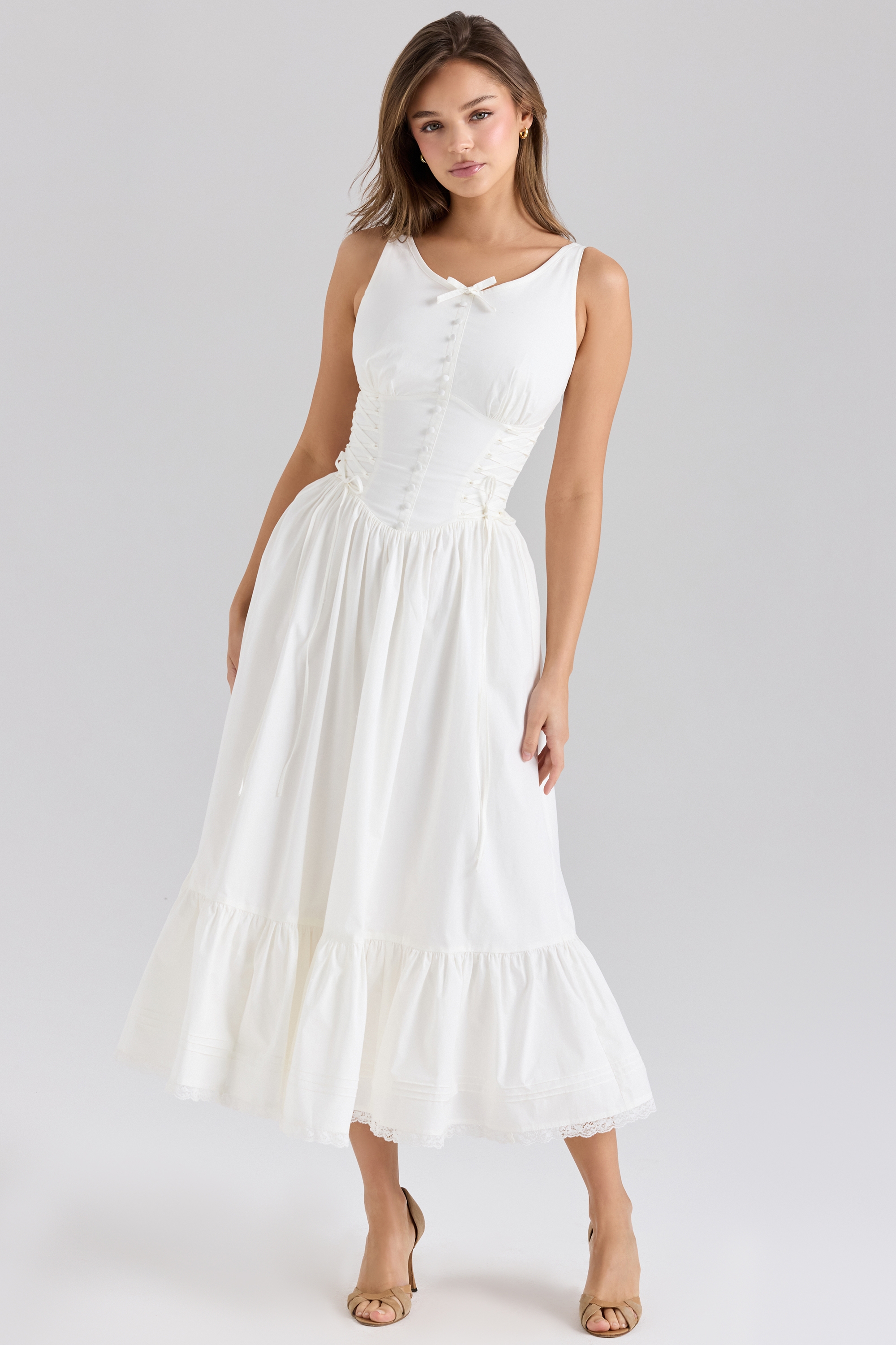 Sienna-White Stretch Cotton Lace Up Midi Dress