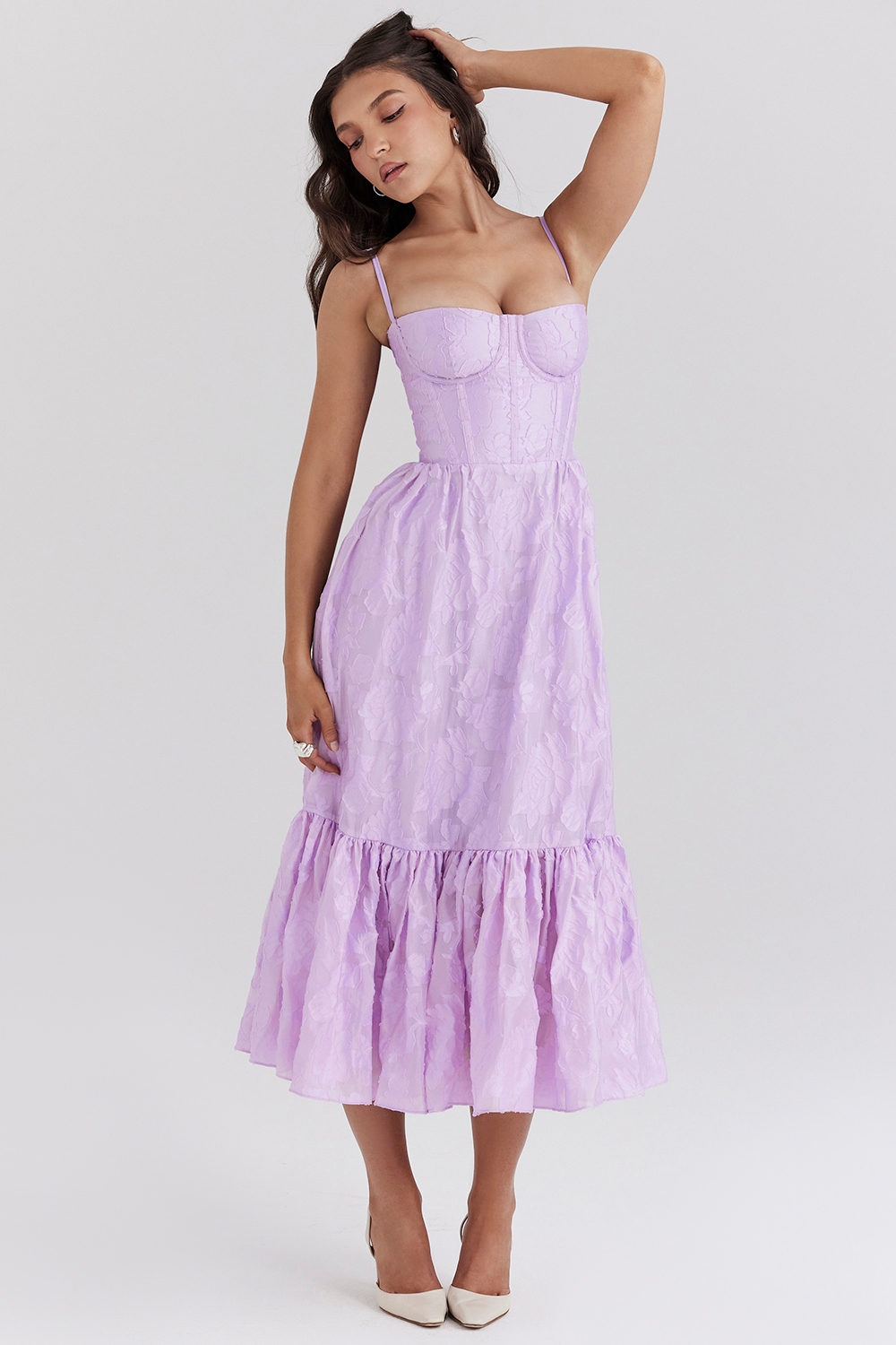Mira-Orchid Floral Jacquard Tiered Midi Dress