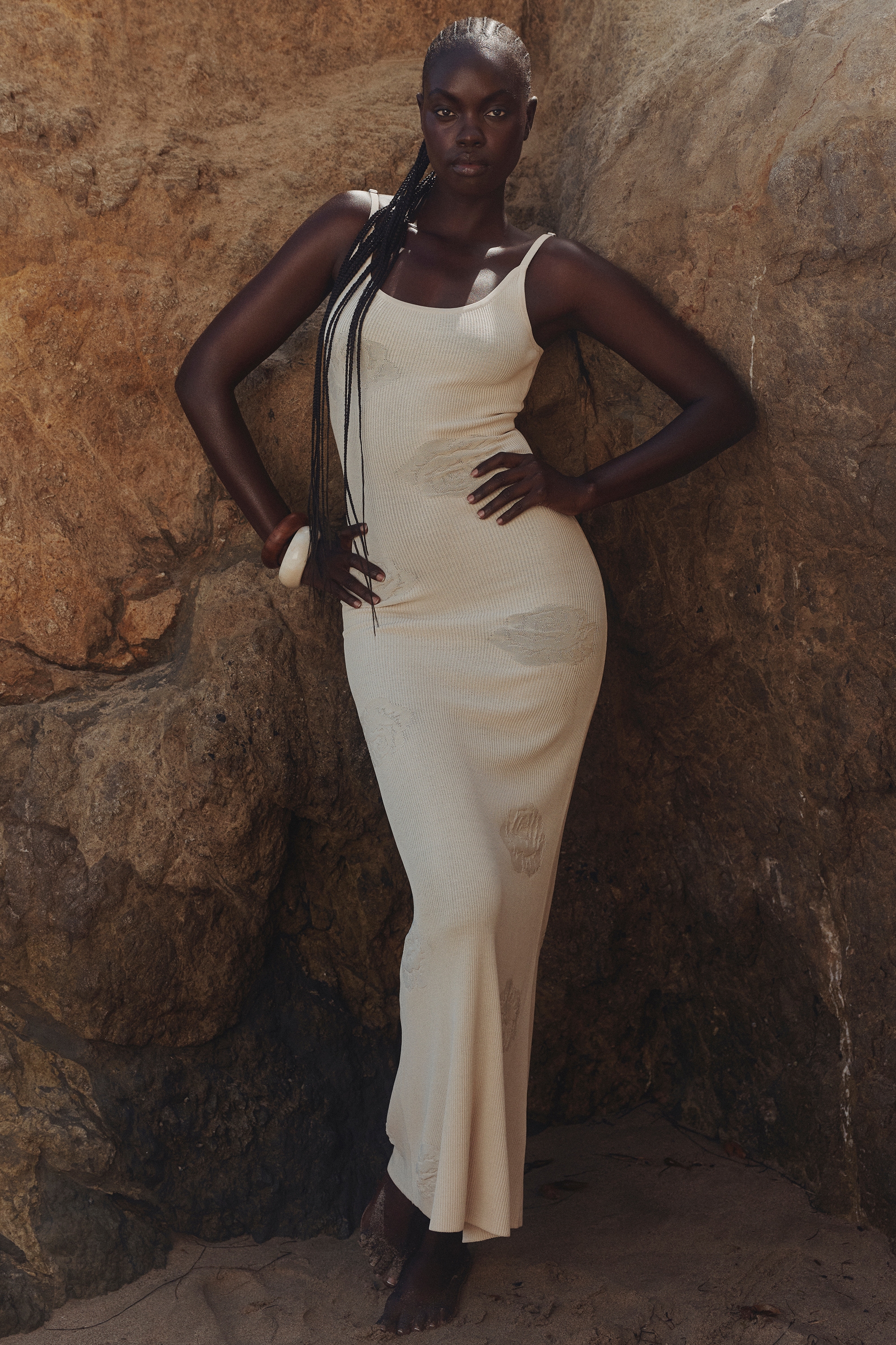 Dara-Ecru Knit Rose Embroidered Maxi Dress