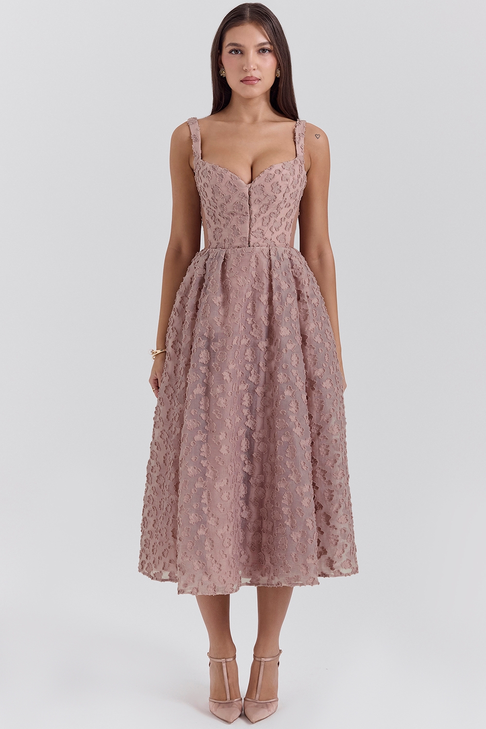 Lovely-French Rose Jacquard Sweetheart Neckline Midi Dress - SALE