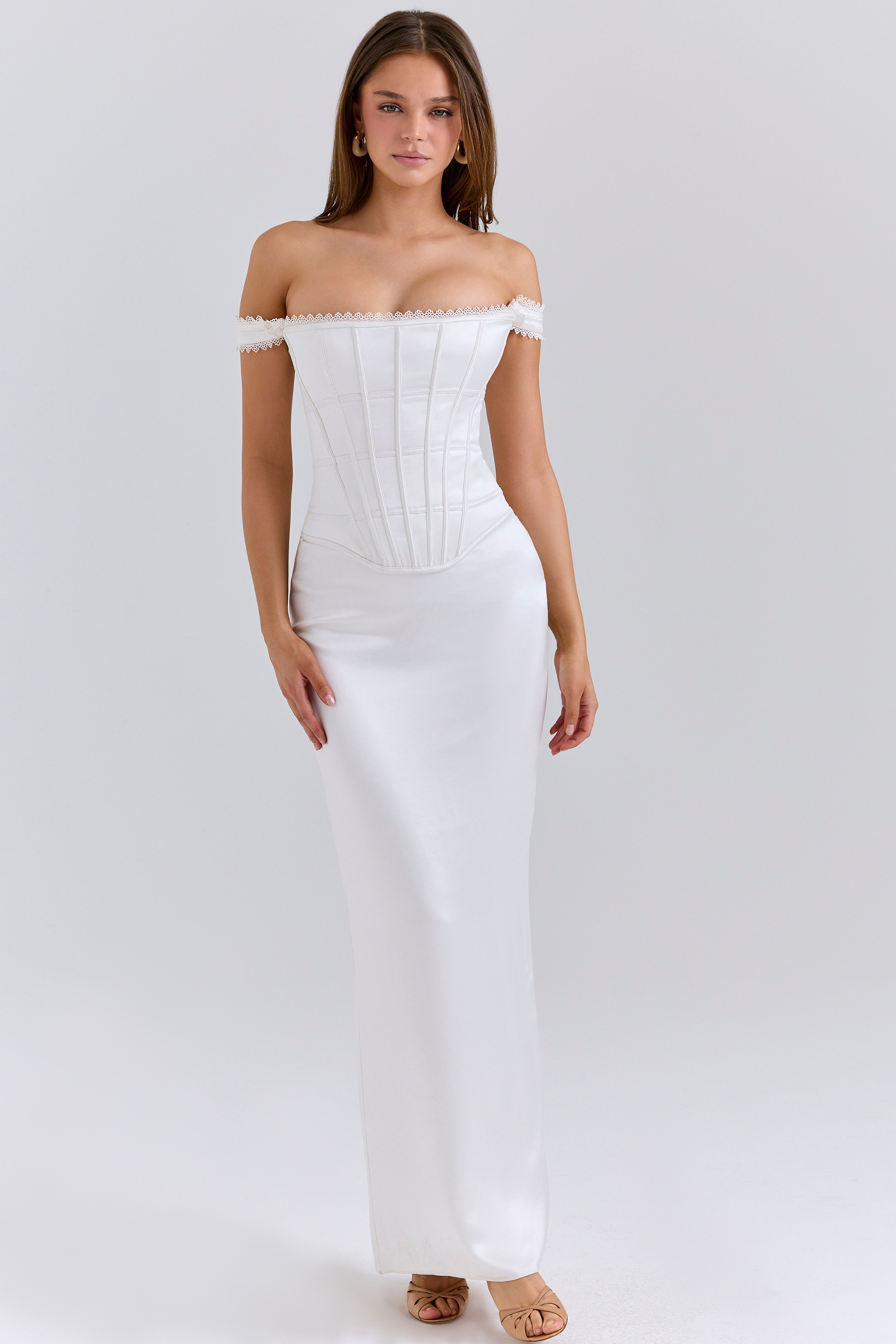 Isis-Ivory Satin Corset Maxi Dress
