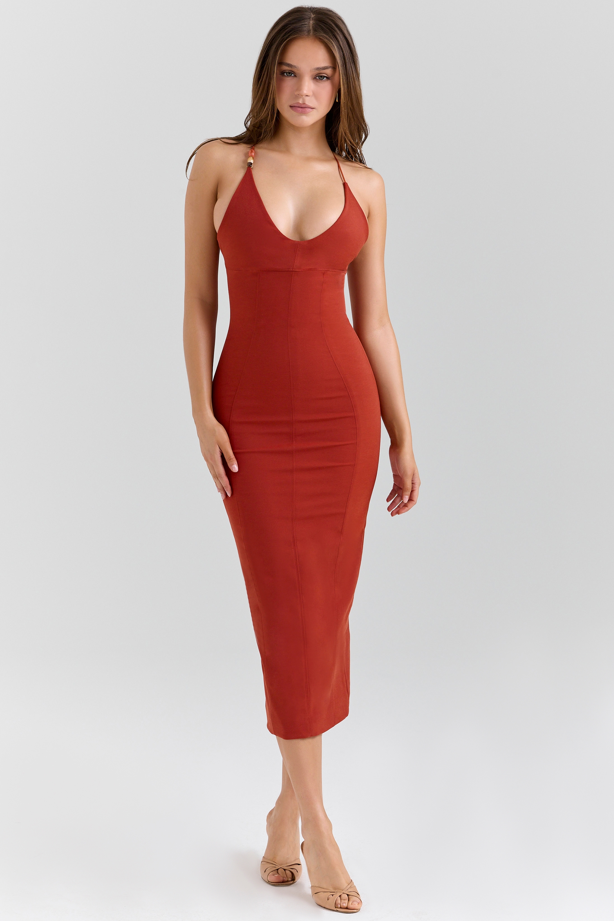 Ria-Terracotta Stretch Cotton Fitted Midi Dress