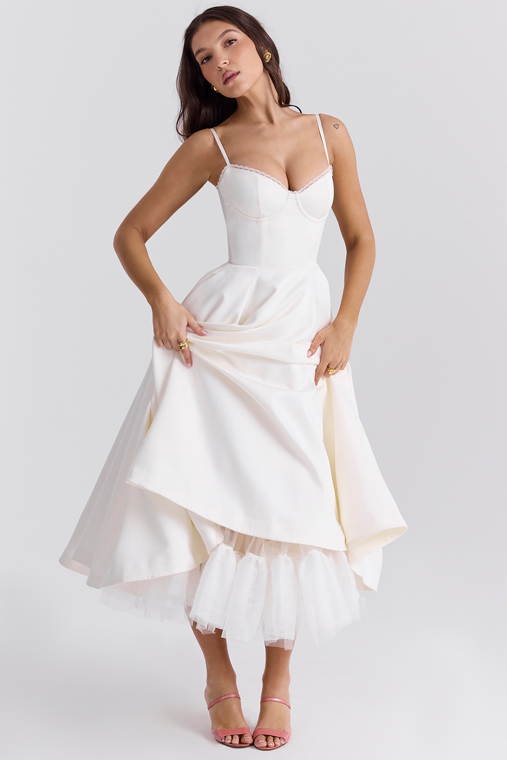 Mademoiselle-White Tulle Midi Dress