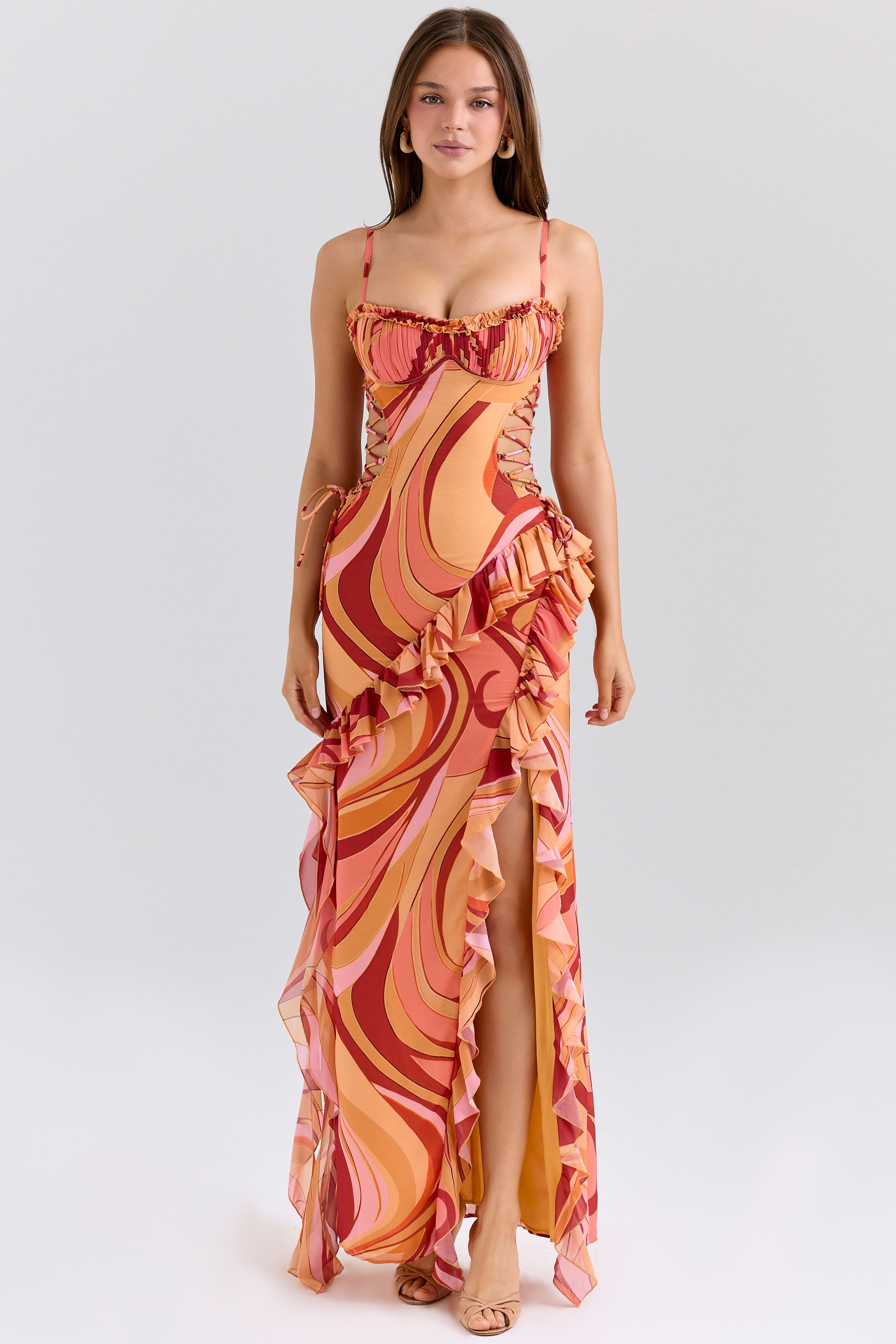 Lumira-Sunset Swirl Print Ruffle Cut Out Maxi Dress