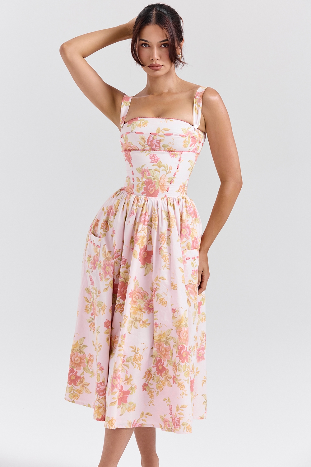 Vivien-Peach Poppy Print Cotton Midi Sundress