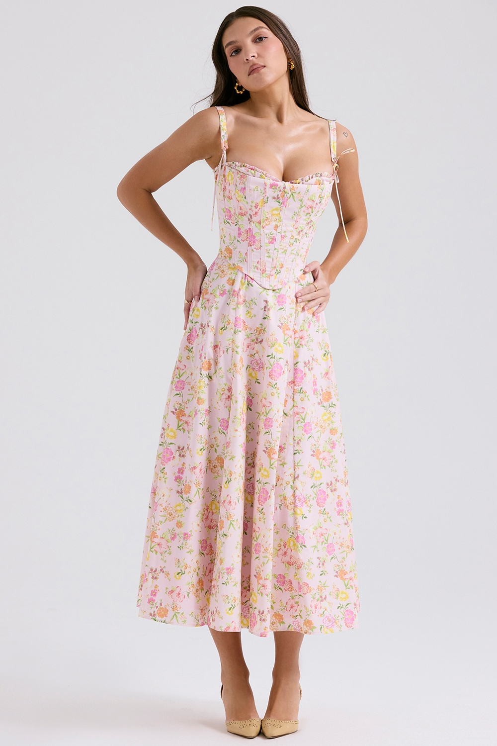 Clarabelle-Pink Meadow Print Cotton Midi Sundress