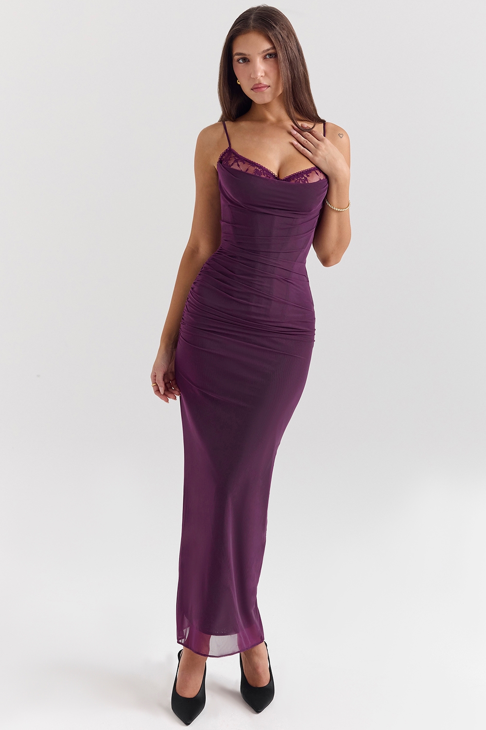 Nalini-Grape Mesh Corset Maxi Dress
