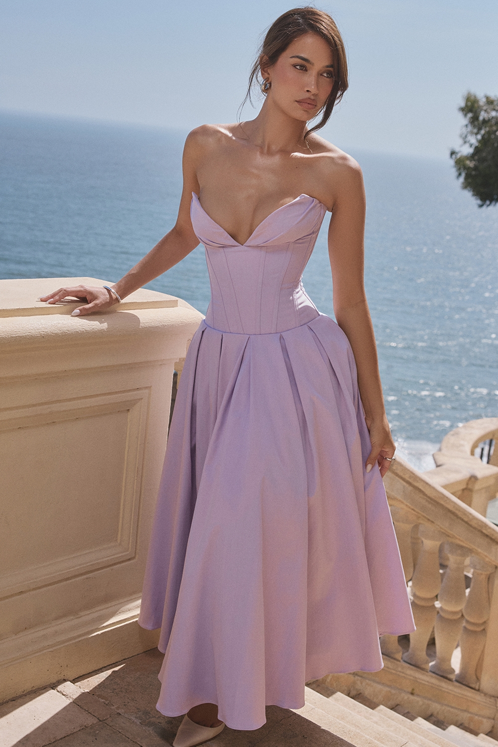 Lady-Orchid Twill Strapless Tulle Midi Dress