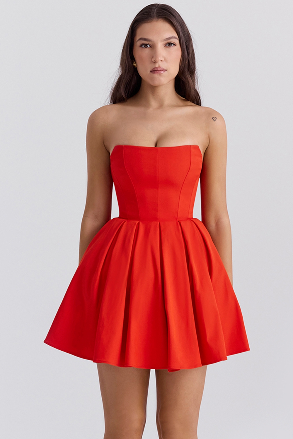 Emmanuela-Italian Tomato Strapless Pleated Mini Dress