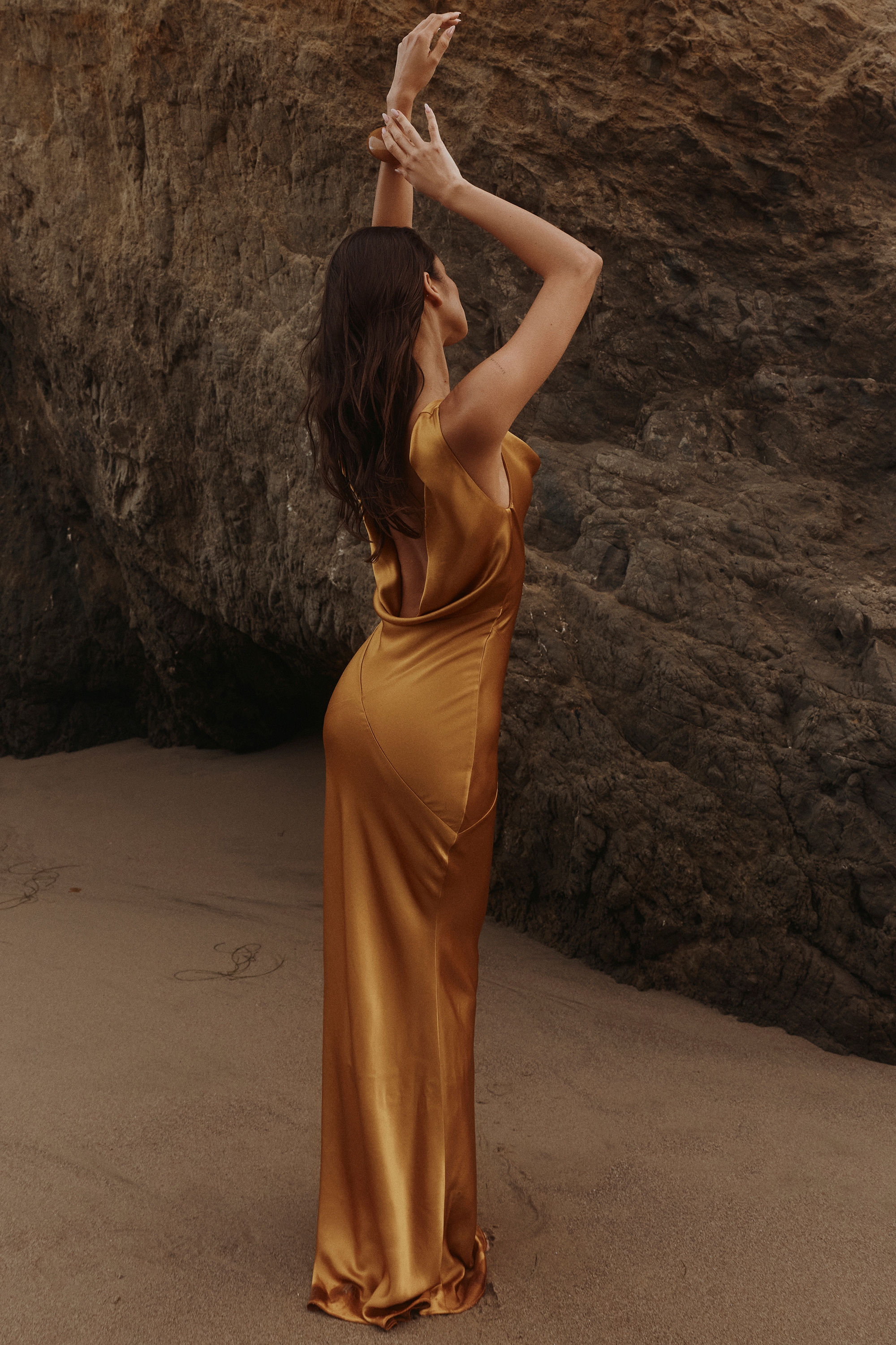 Safaira-Amber Satin Draped Cowl Neck Maxi Dress