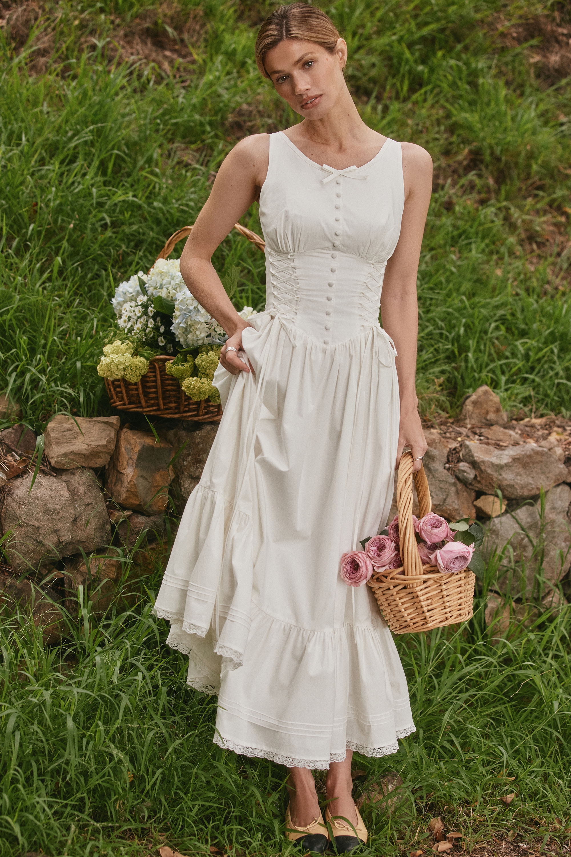 Sienna-White Stretch Cotton Lace Up Midi Dress